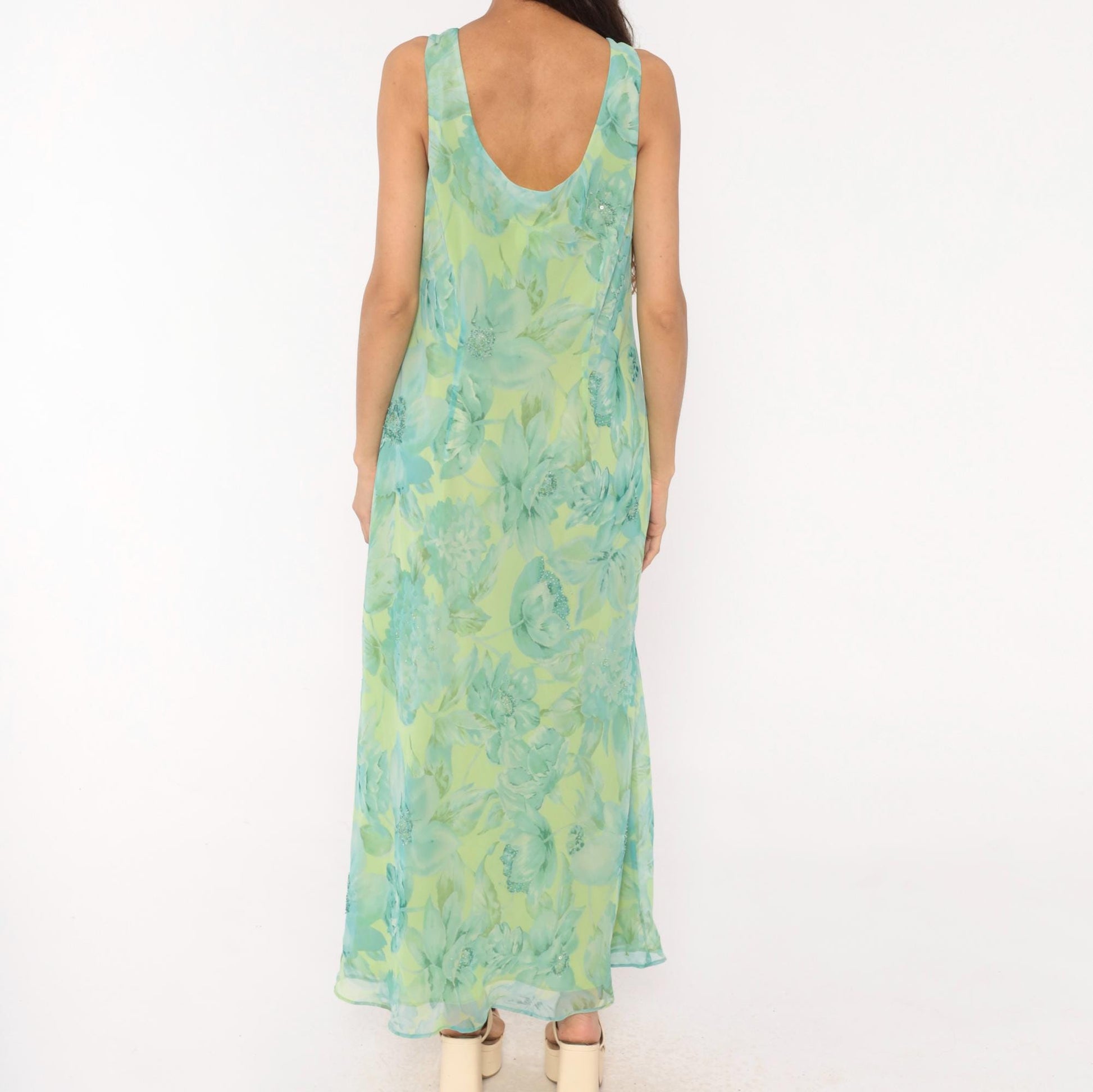 90s Plaza South Floral Chiffon Maxi Dress Aqua Lime Sequin V-Neck Extra Large XXL