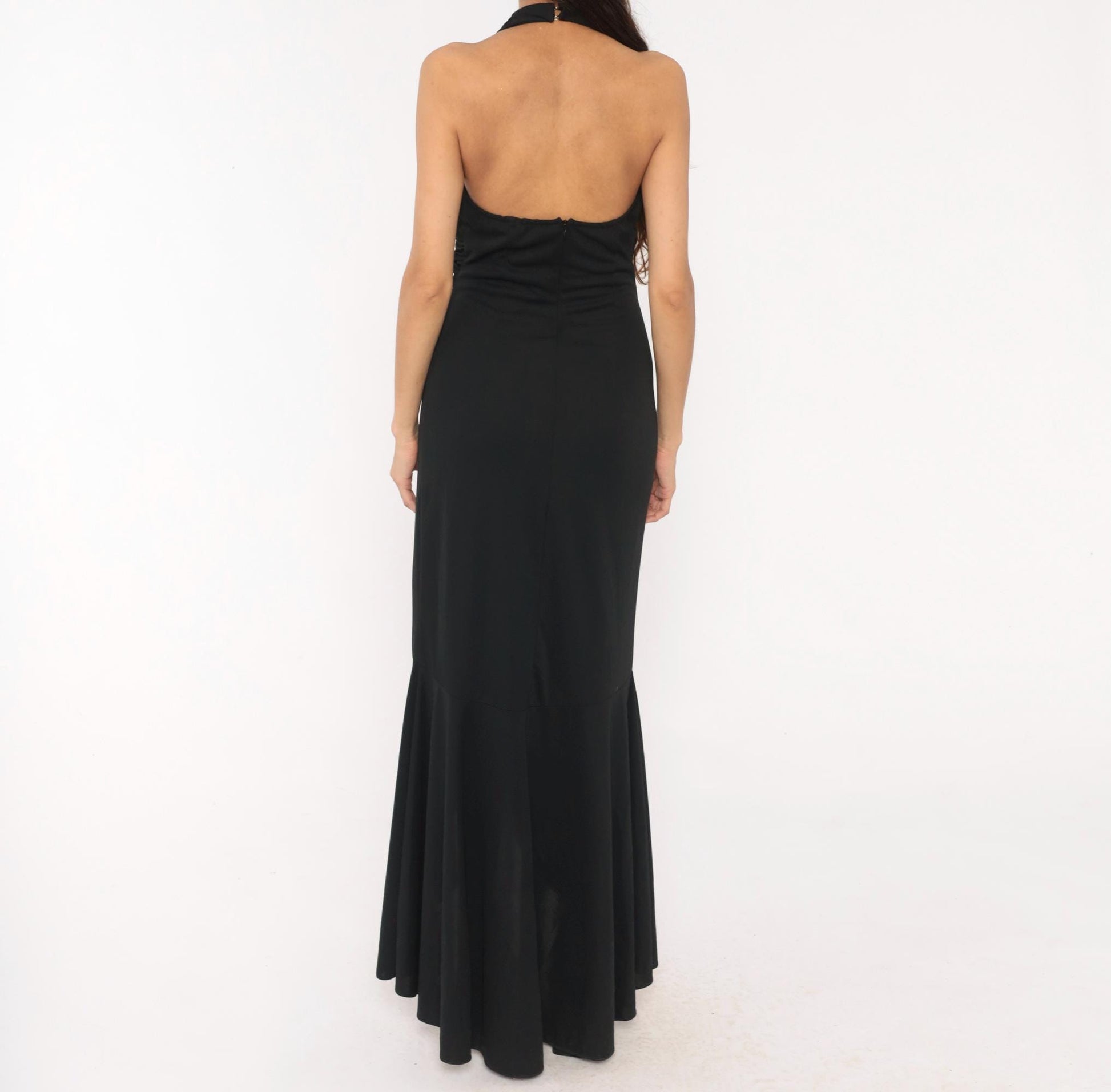 90s Black Halter Gown Deep Plunge Rhinestone Brooch Mermaid Hem Medium M