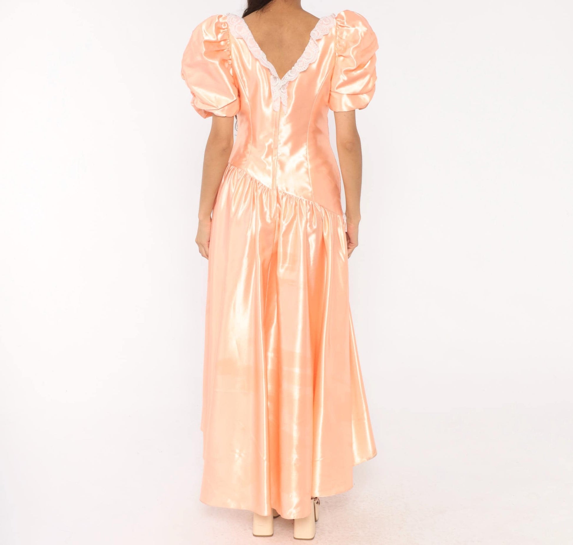 80s Peach Satin Prom Gown Puff Sleeve V Neck Drop Waist Rosette Medium