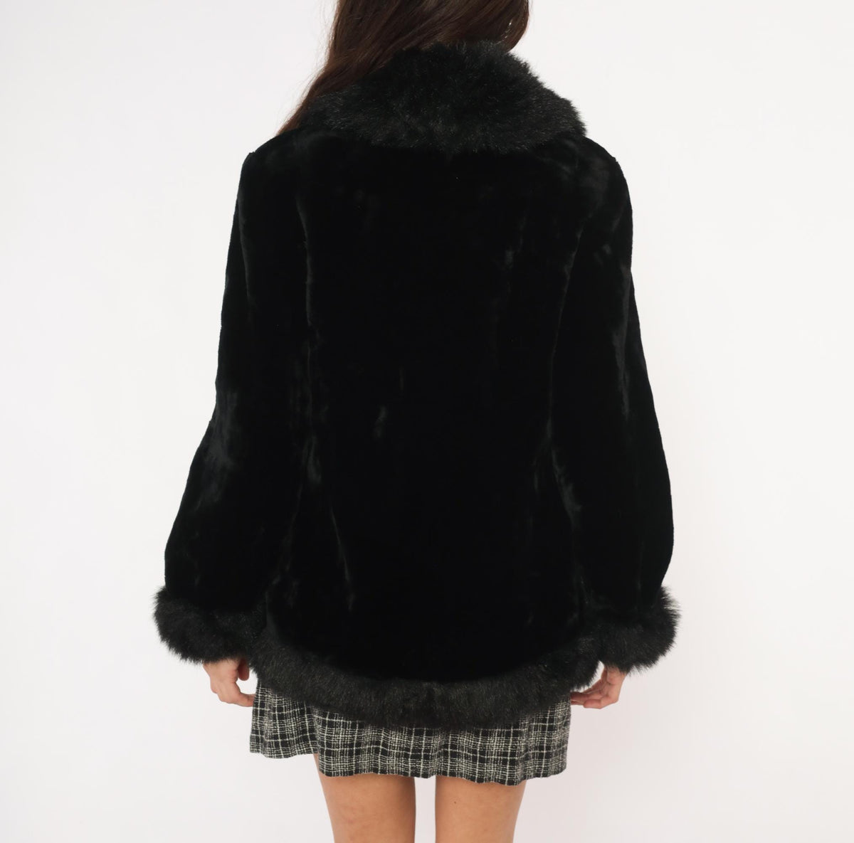 Y2K Black Faux Fur Jacket Tie Front Cropped Collar Small S
