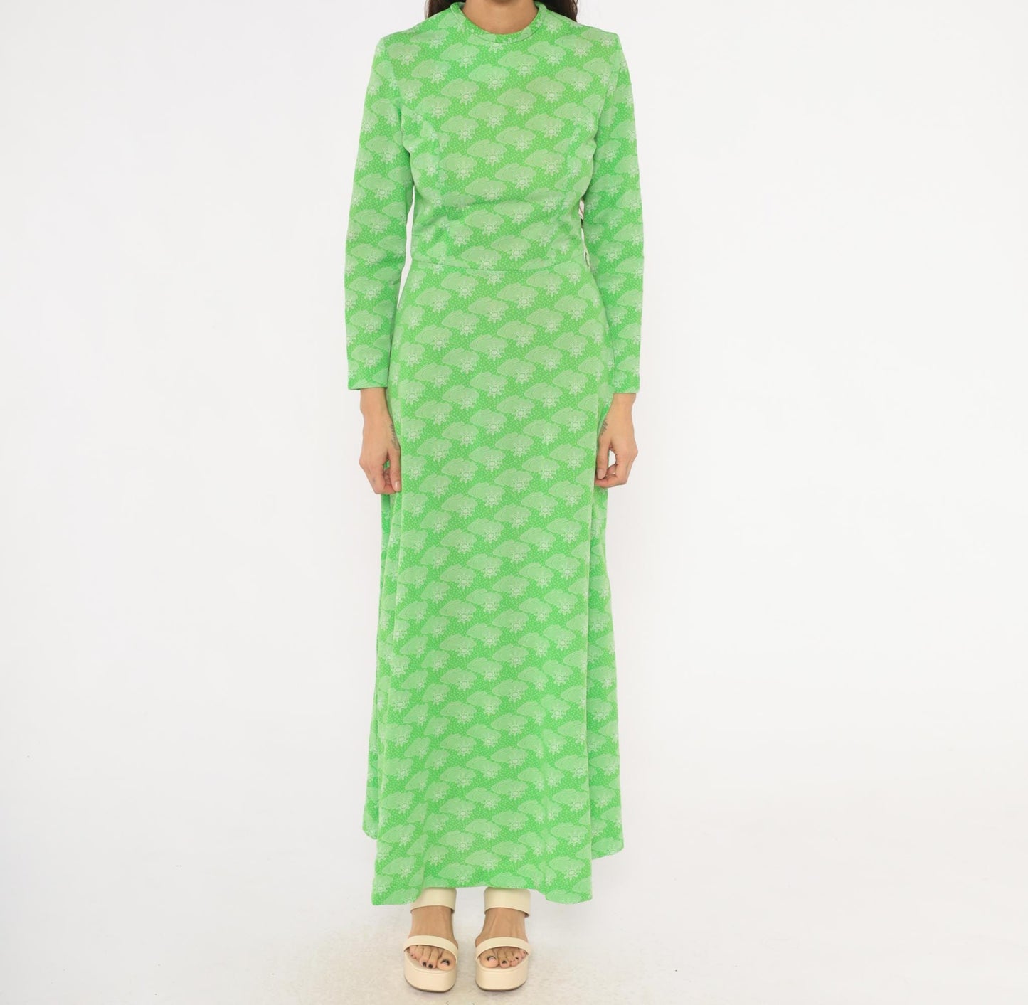 70s Green Maxi Dress Sun Cloud Print Long Sleeve Knit Small