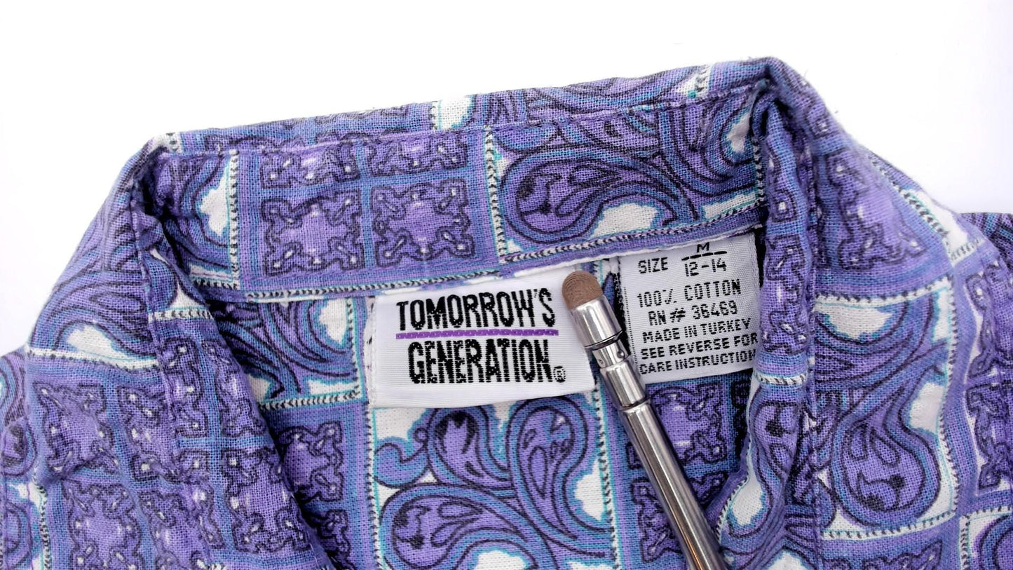 90s Tomorrow's Generation Tile Print Shirt Purple Paisley Cotton XS