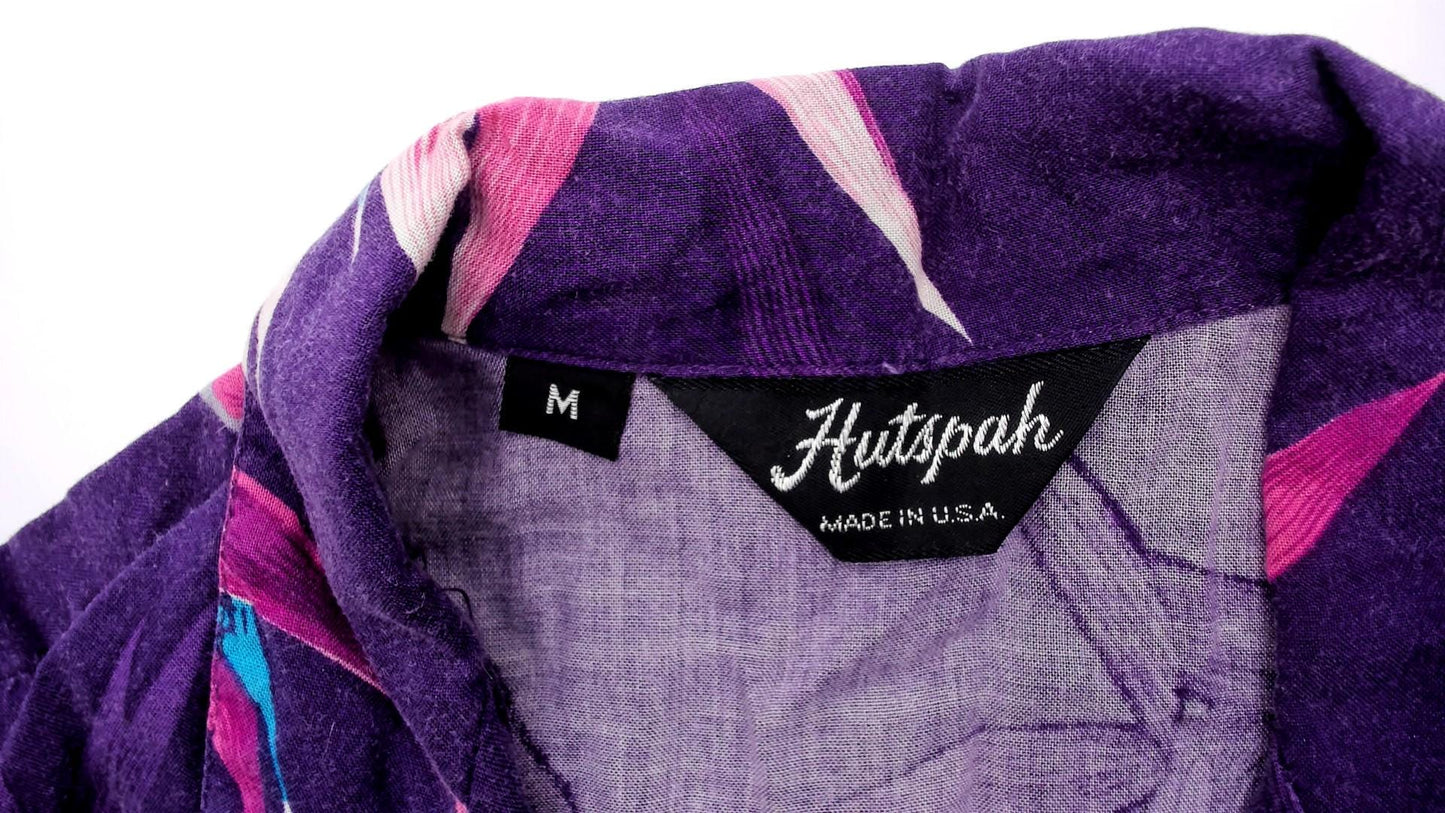 90s Hutspah Purple Hawaiian Shirt Bird Of Paradise Floral Camp Collar Medium M