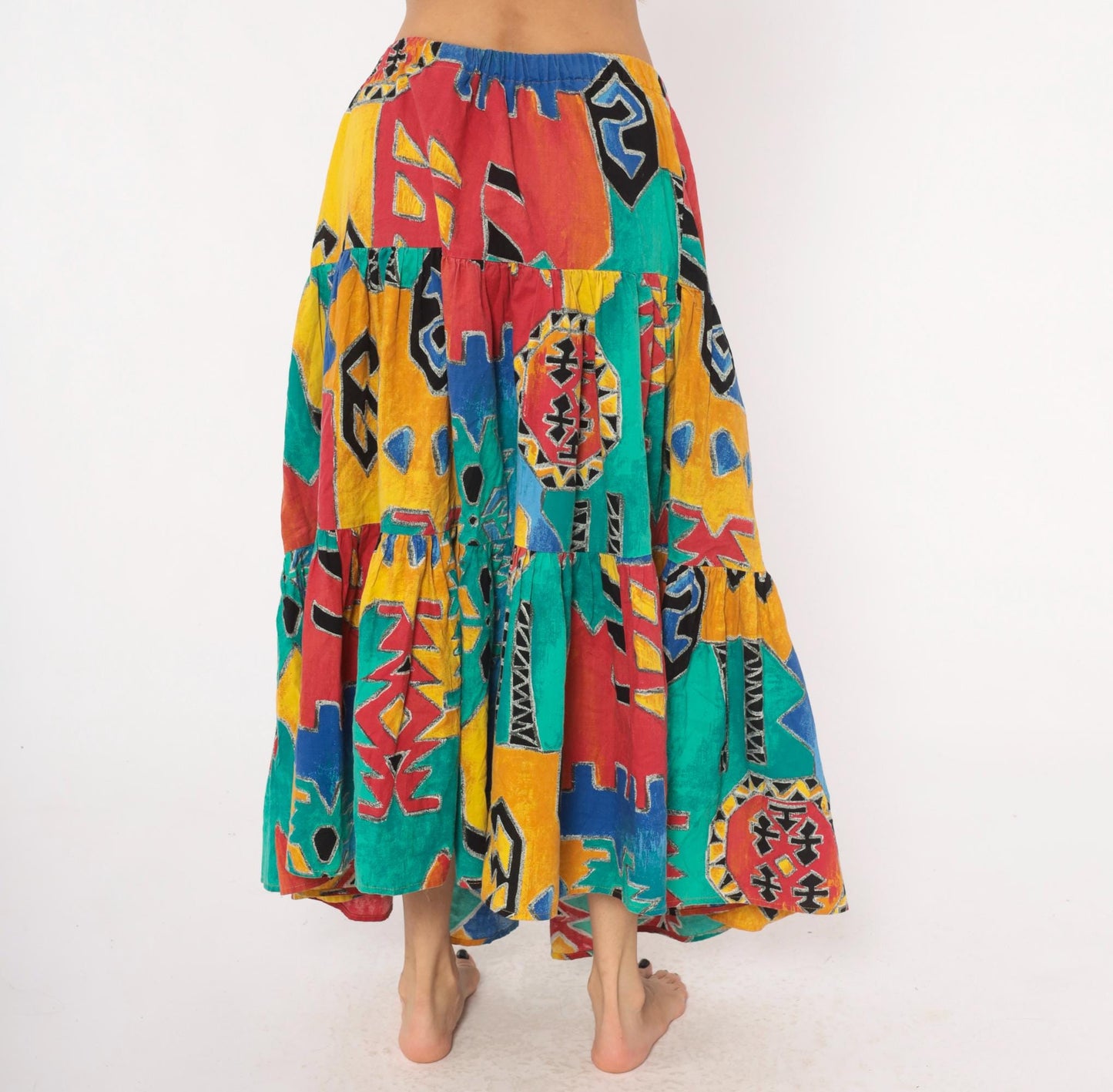 90s Tribal Print Maxi Skirt Teal Red Yellow Blue Tiered Cotton One Size