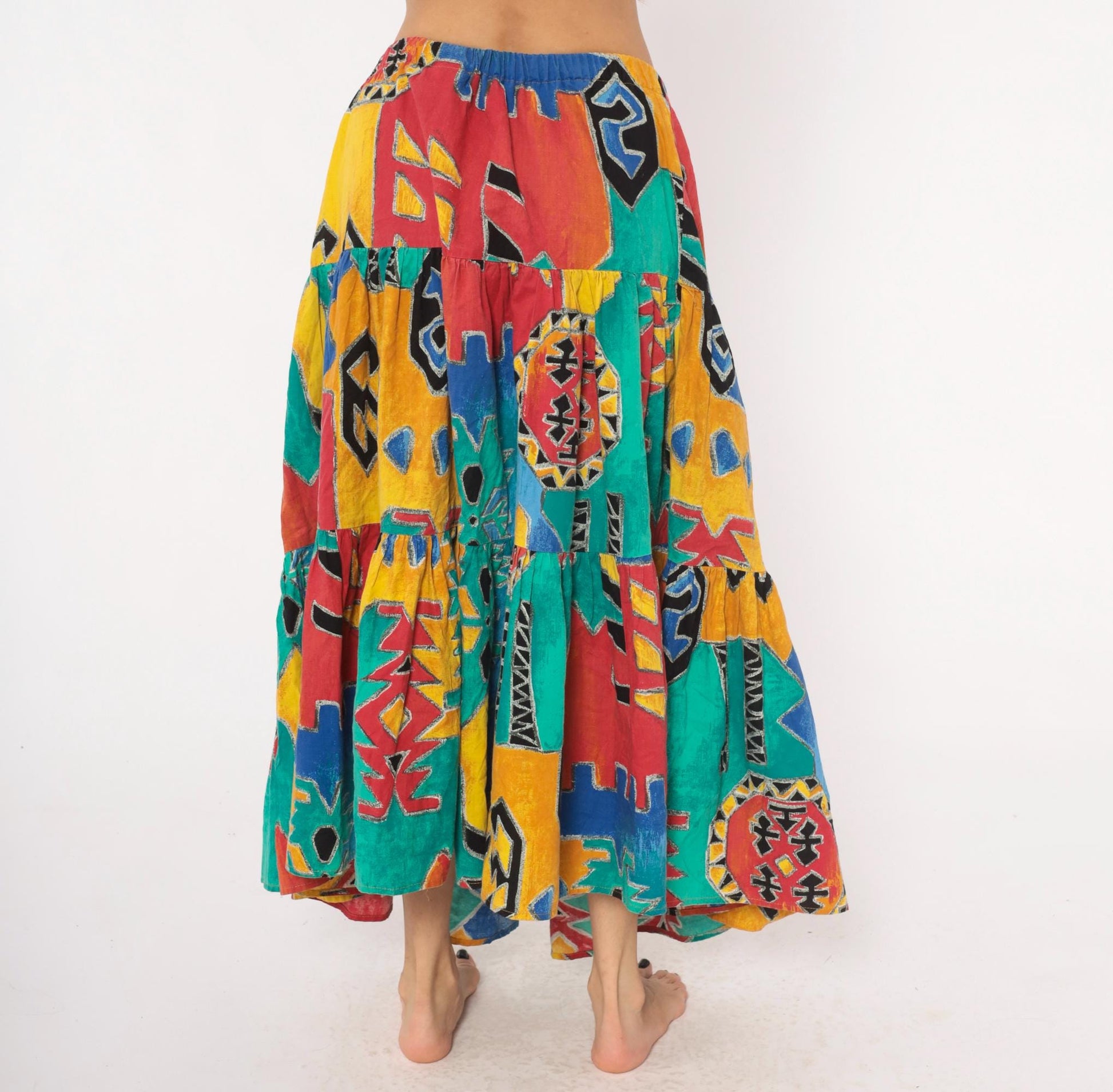 90s Tribal Print Maxi Skirt Teal Red Yellow Blue Tiered Cotton One Size