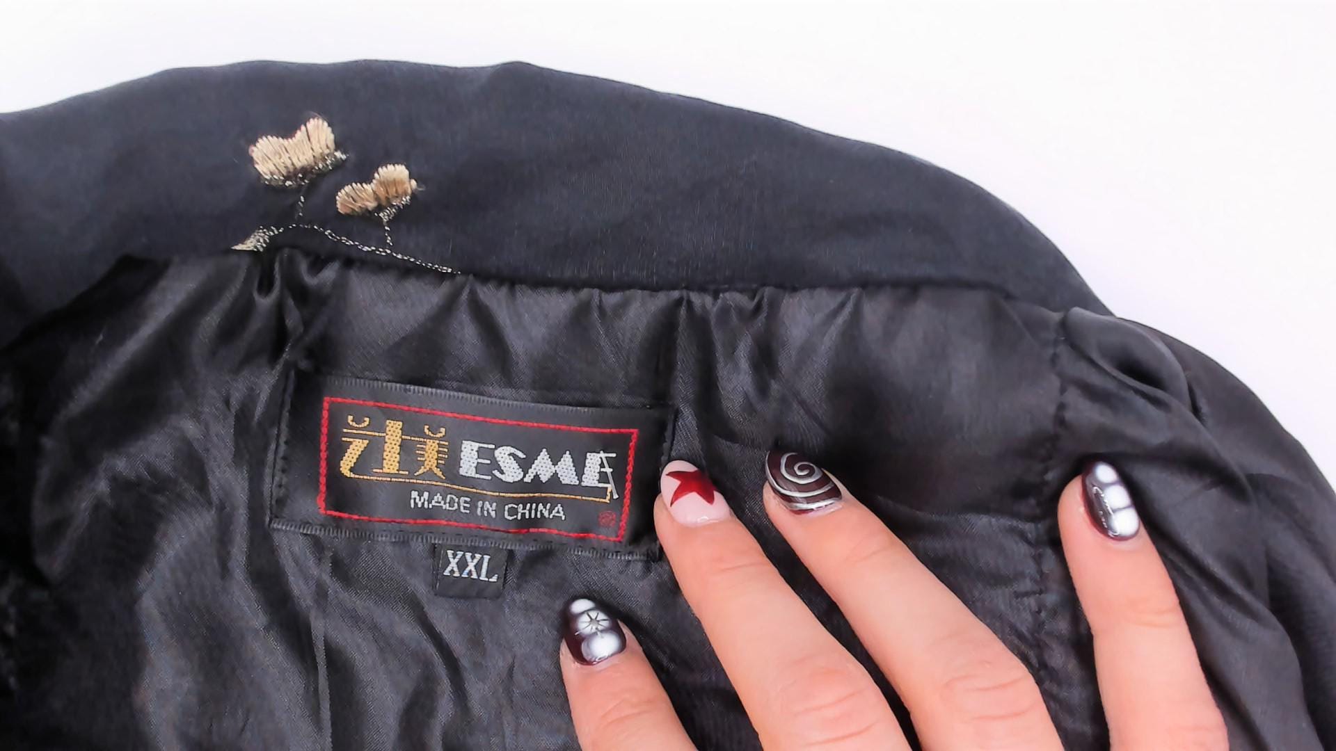 90s Esme Black Silk Jacket Embroidered Floral Mandarin Collar Quilted Small S