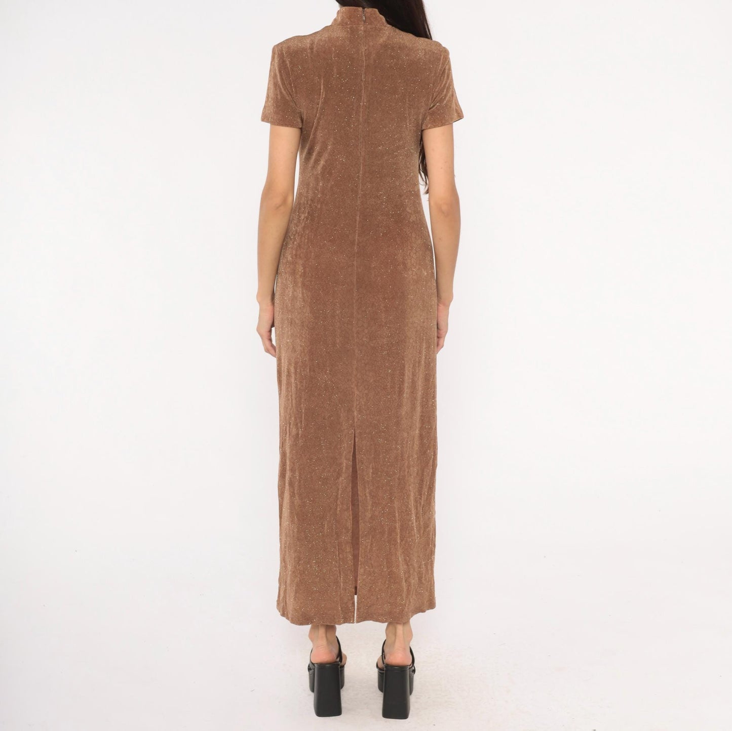 90s Jessica Howard Mocha Velvet Maxi Dress Glitter Mock Neck Small