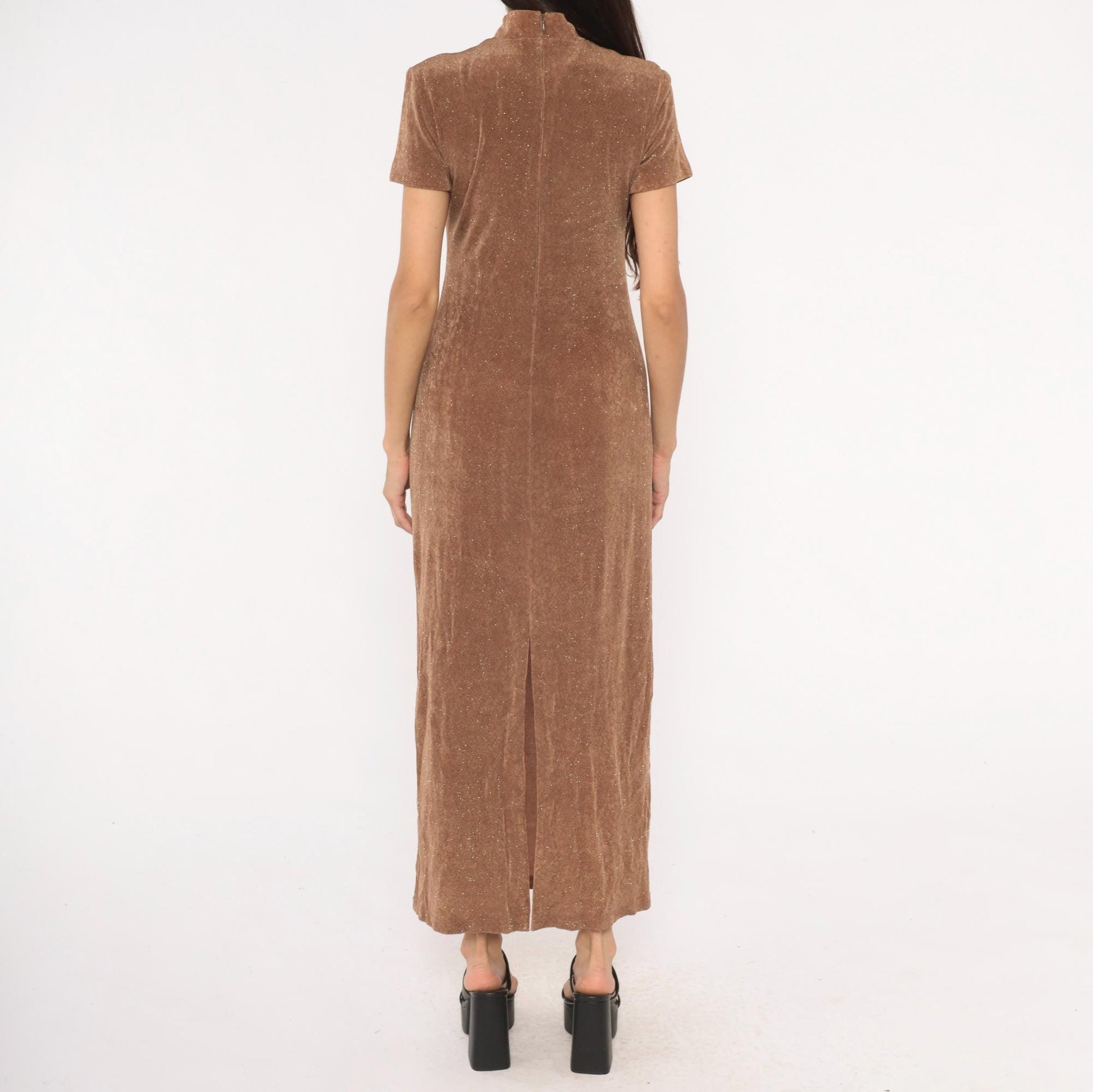 90s Jessica Howard Mocha Velvet Maxi Dress Glitter Mock Neck Small