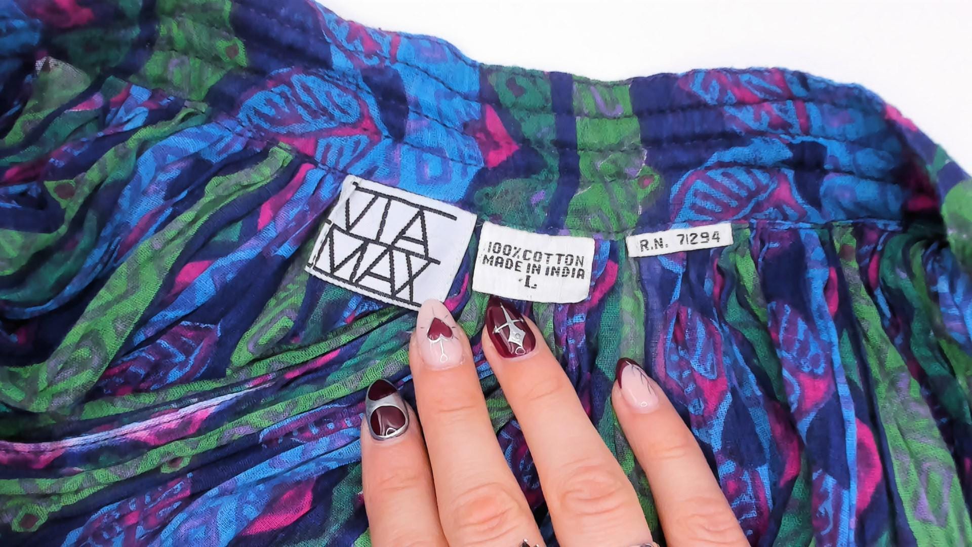 90s Via Max Broomstick Maxi Skirt Crushed Gauze Leaf Print Navy Multicolor Large L