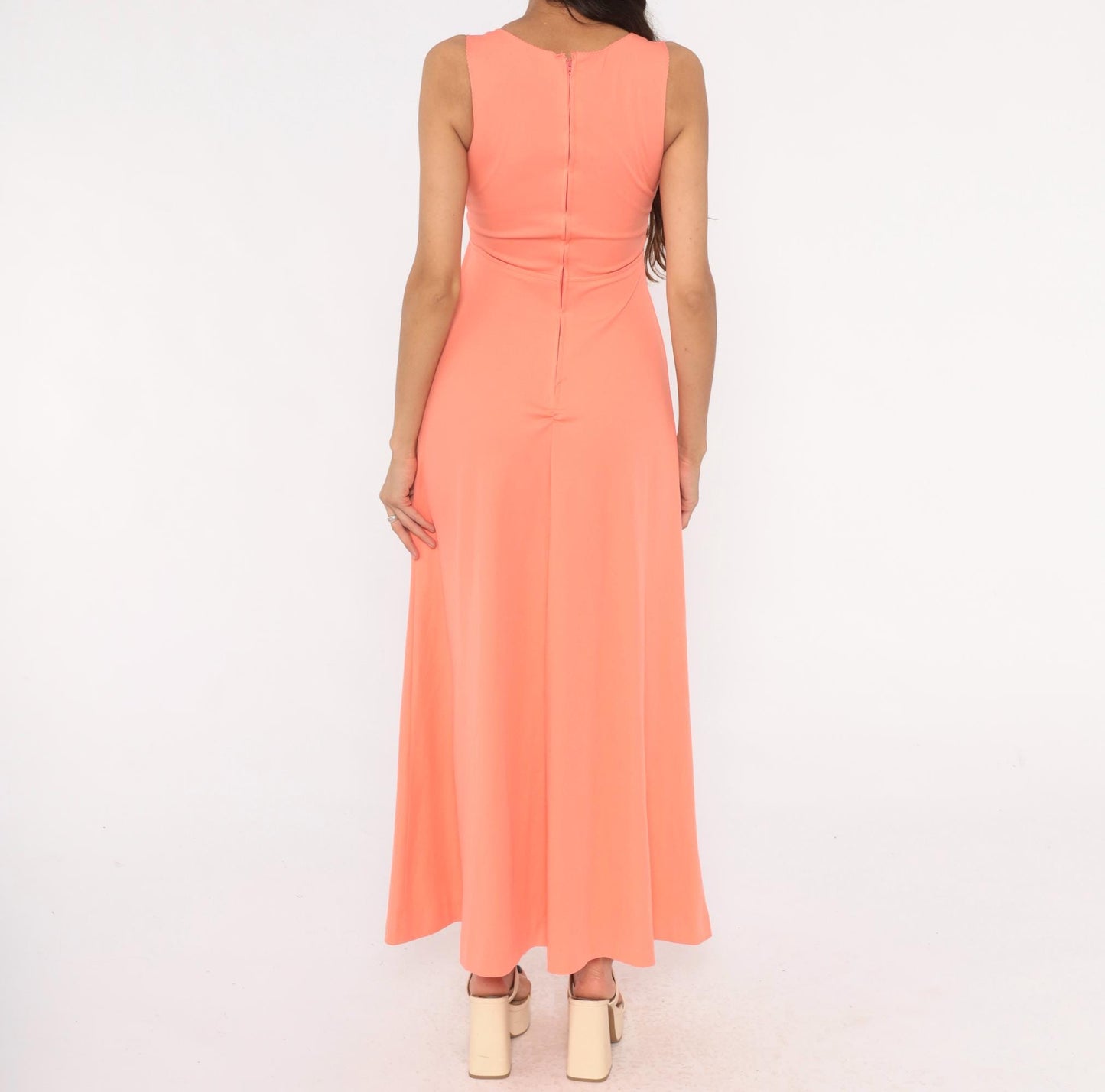70s Coral Maxi Dress Sleeveless V Neck Empire Waist A-Line Small S