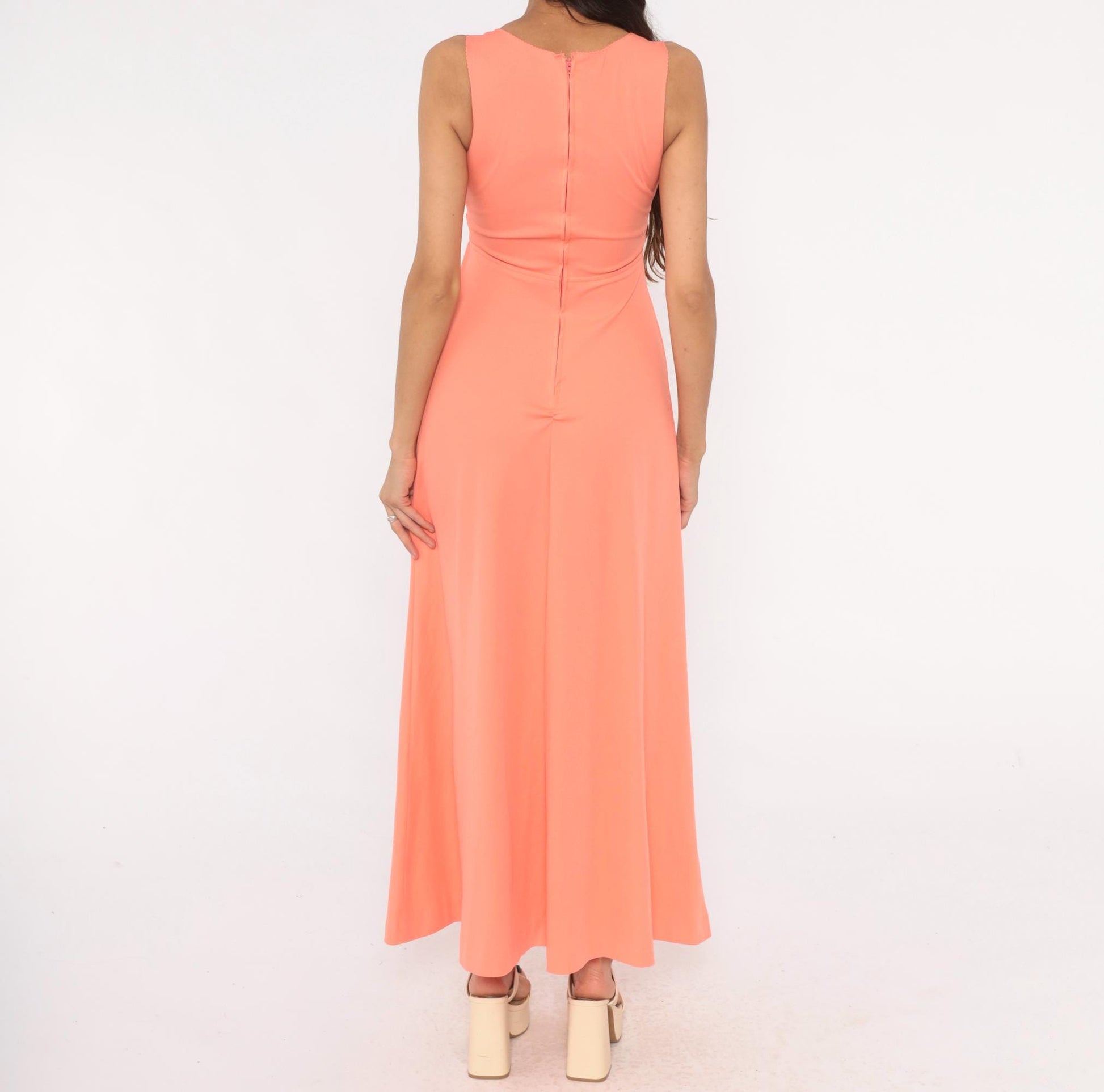 70s Coral Maxi Dress Sleeveless V Neck Empire Waist A-Line Small S