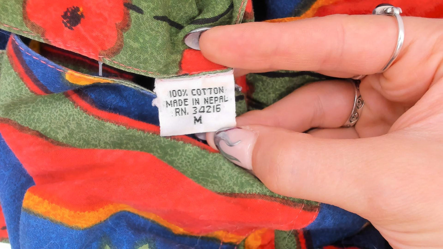 90s Floral Striped Cotton Empire Waist Dress Puff Sleeve Red Blue Green Medium