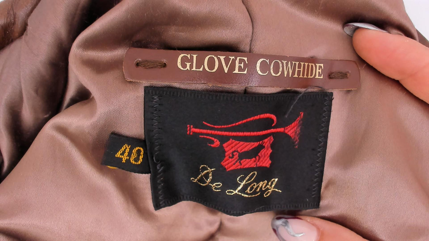 70s De Long Brown Leather Jacket Notched Lapel Belted Back Medium M