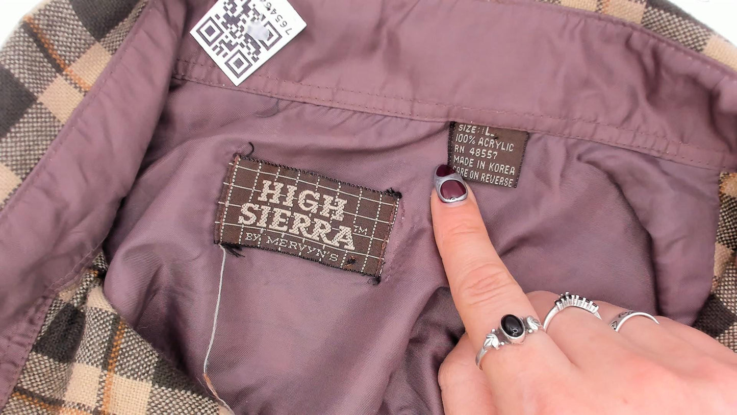 80s High Sierra Plaid Flannel Shirt Tan Brown Check Large L