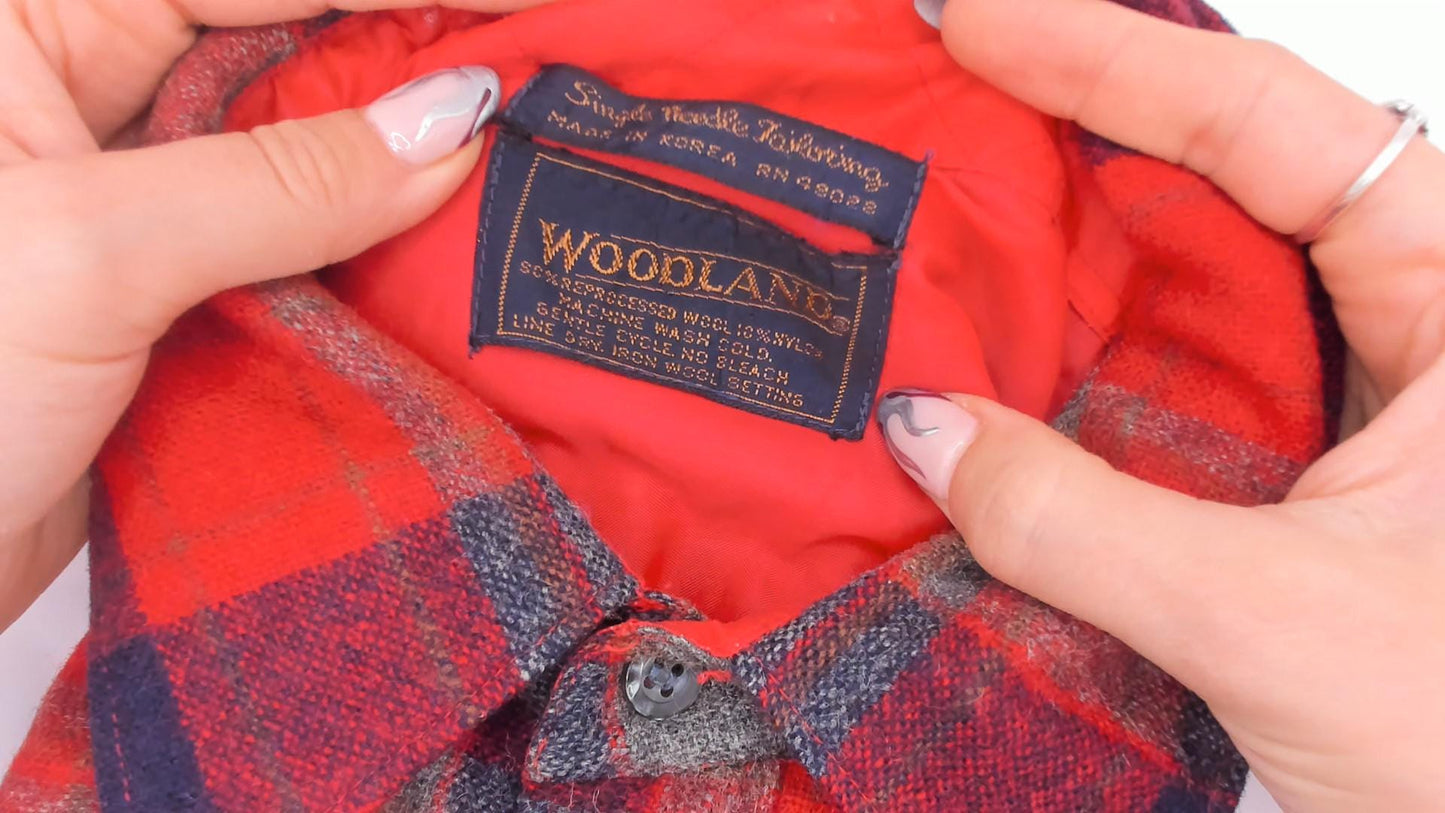 80s Woodland Wool Flannel Shirt Red Navy Grey Plaid Button-Up Small