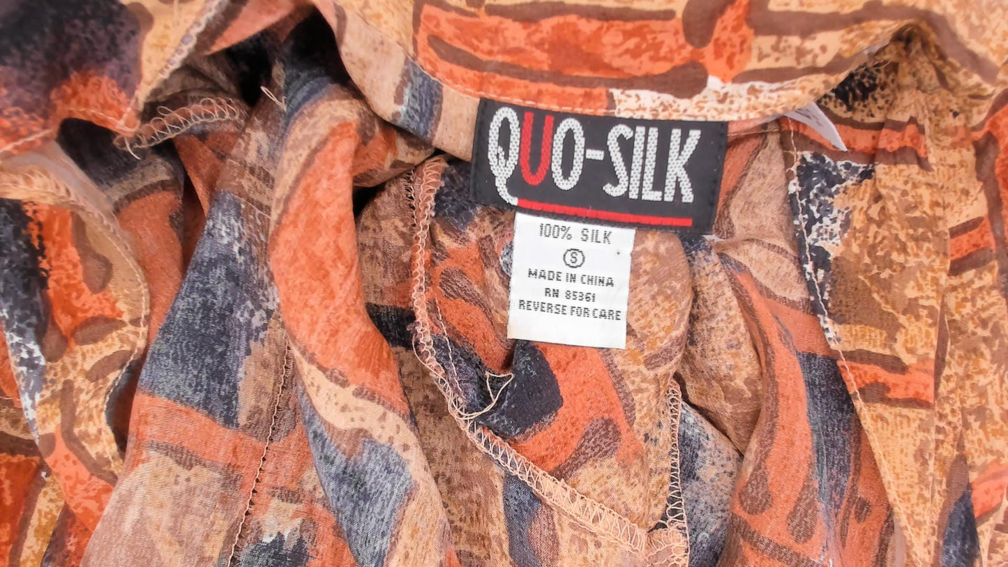 90s Quo-Silk Abstract Geometric Silk Blouse Cropped Rust Tan Small S