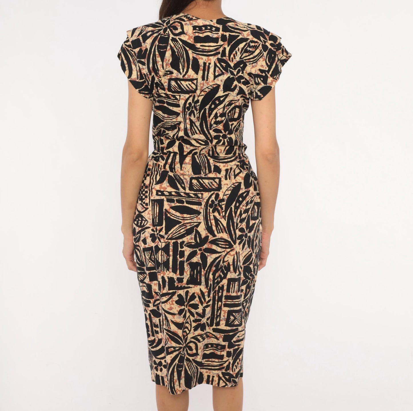 80s Tapa Print Dress Black Tan V-Neck Cotton Tropical Floral Pencil Small