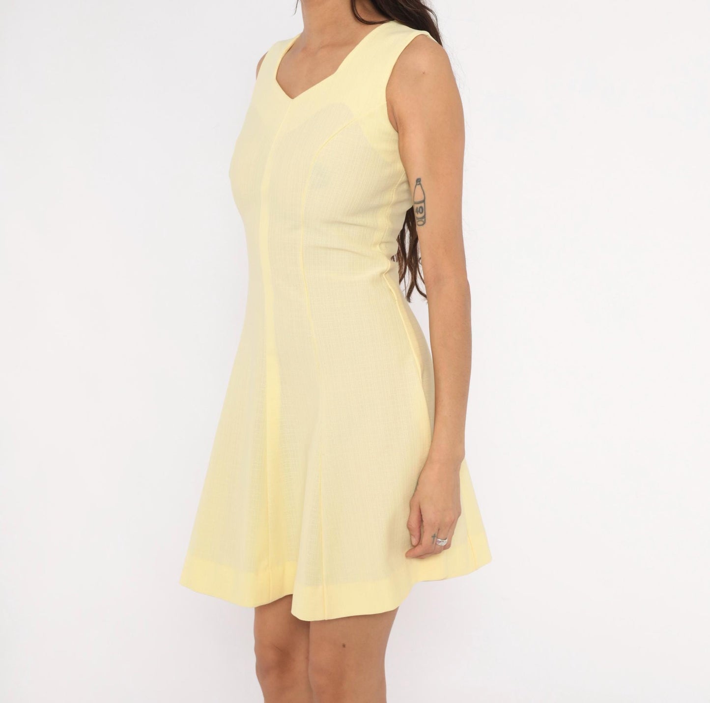 90s Butchamaid Butter Yellow Mini Dress Fit And Flare V-Neck Sleeveless Extra Small XS