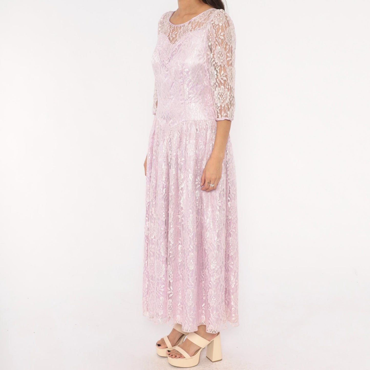 80s Lavender Lace Maxi Dress Floral Sheer Sleeve Drop Waist Large L