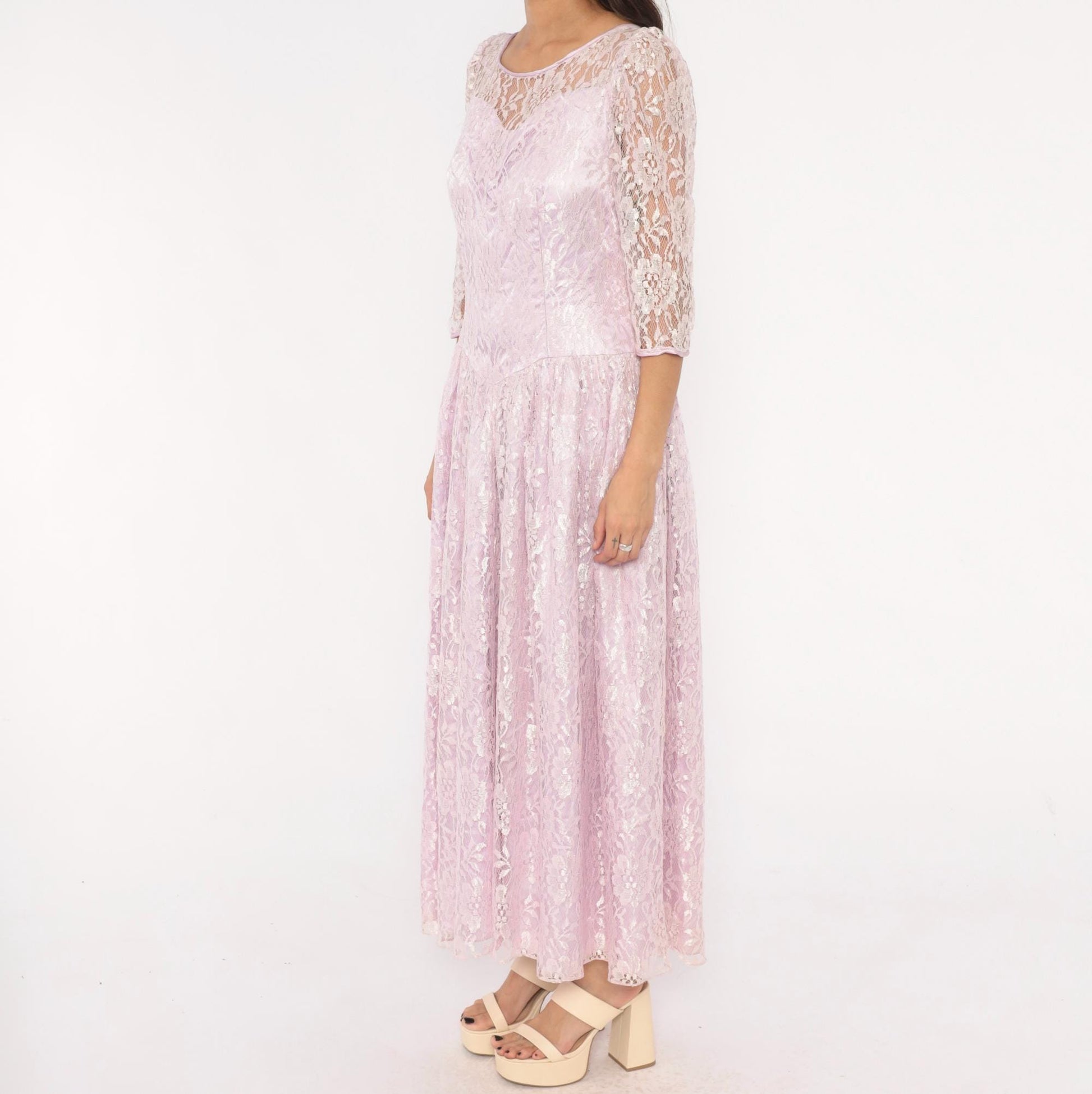 80s Lavender Lace Maxi Dress Floral Sheer Sleeve Drop Waist Large L