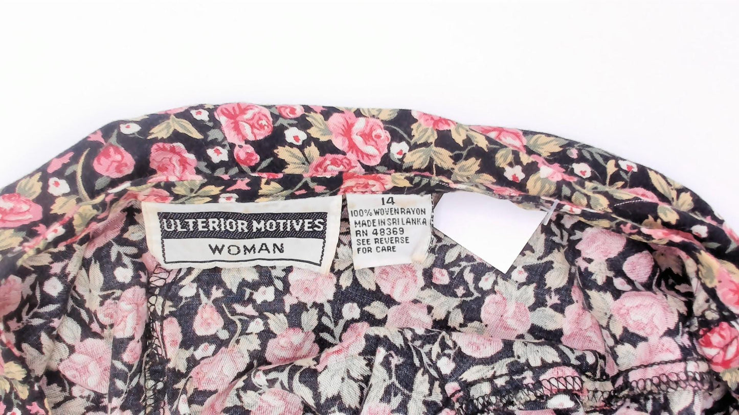 90s Ulterior Motives Floral Dress Black Pink Rose Print V Neck Flutter Sleeve Knee Length Large