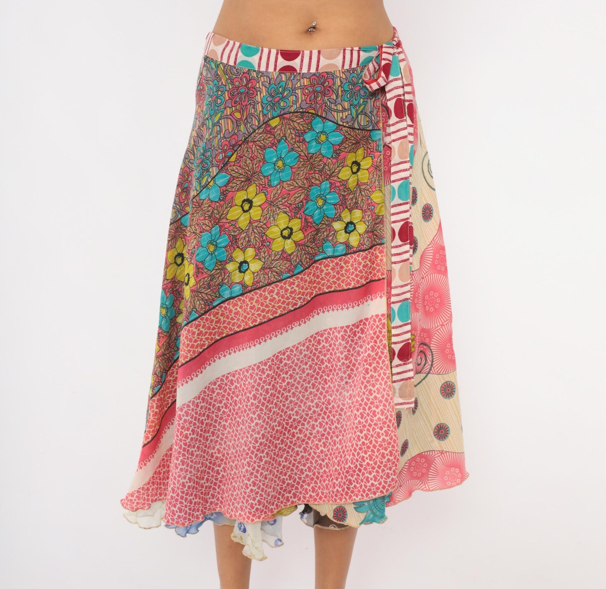 Y2K Kariza Reversible Wrap Midi Skirt Floral Patchwork Blue Pink Medium Large