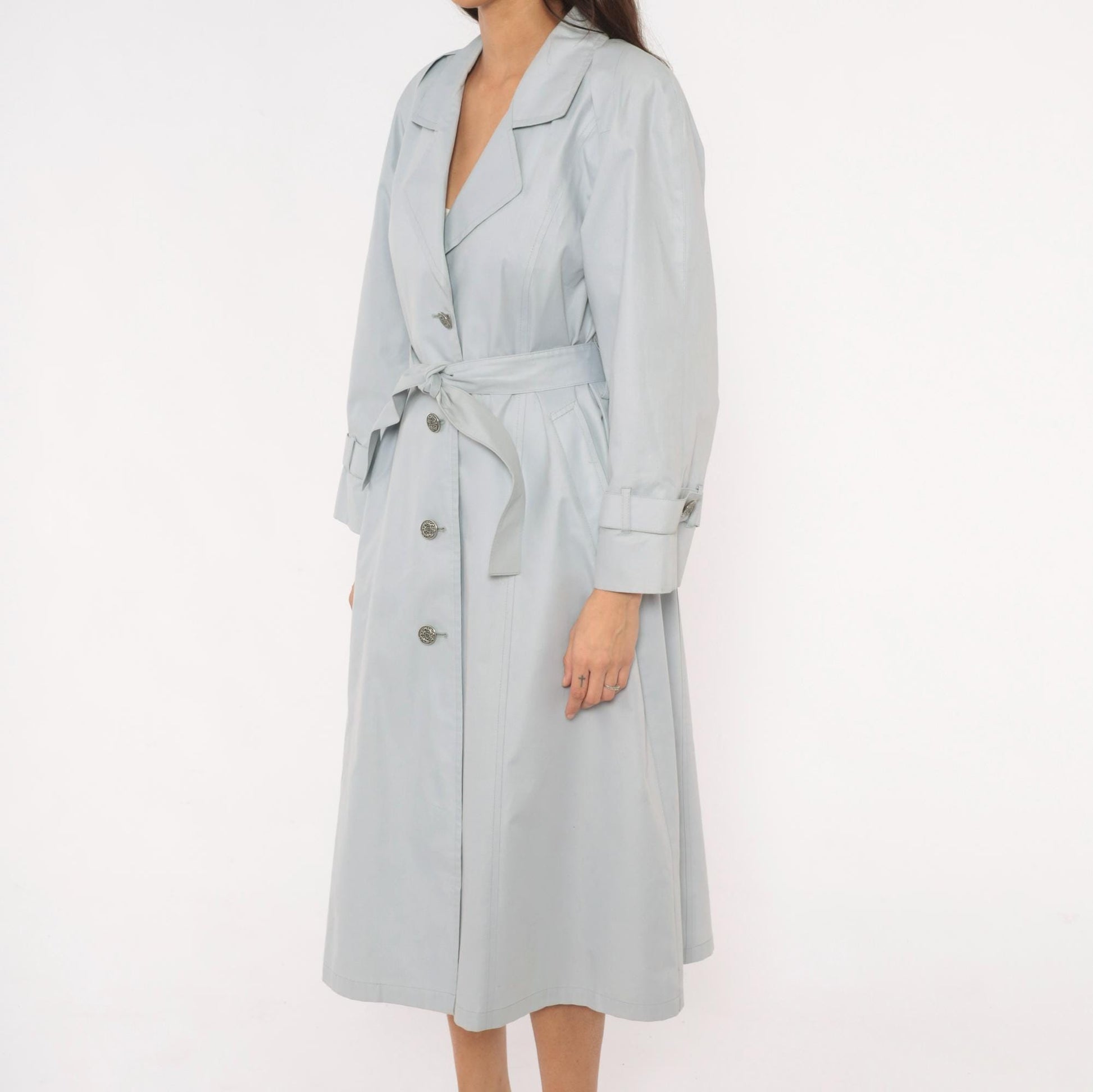 80s London Fog Trench Coat Blue Grey Belted Single Breasted Medium