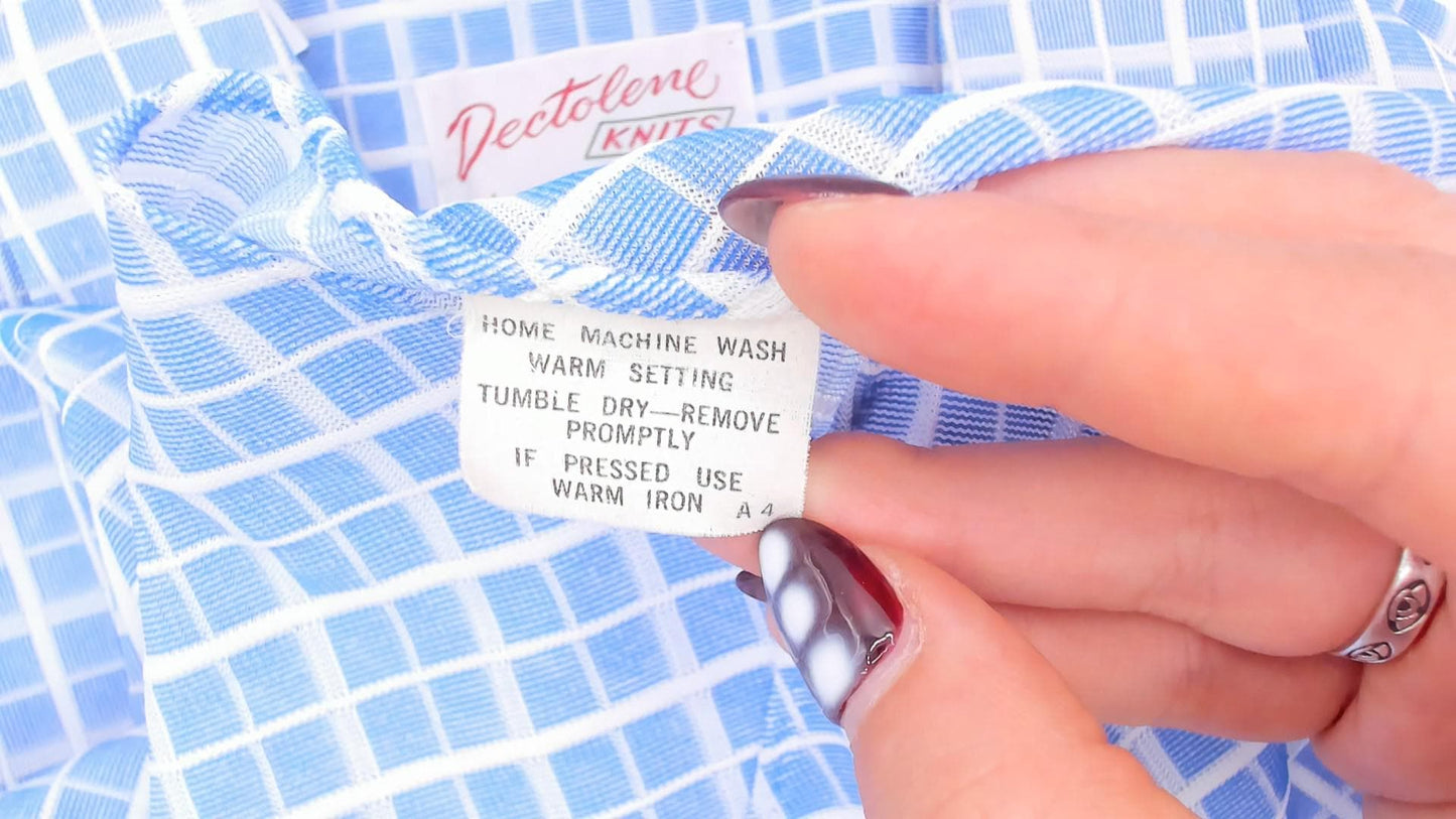 70s Dectolene Blue Windowpane Grid Check Shirt Pointed Collar Extra Large