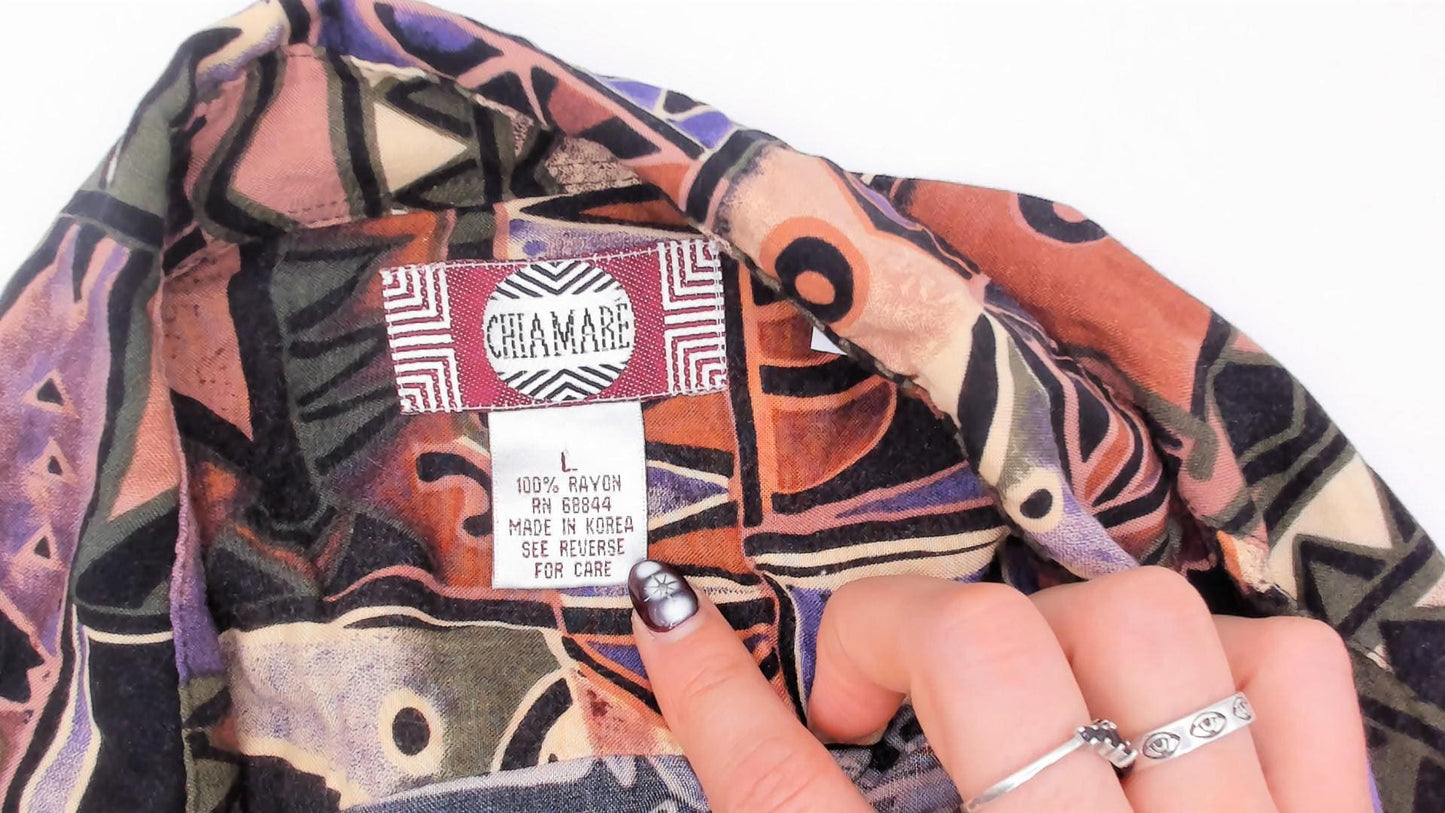 90s Chiamare Abstract Crop Top Shirt Button Front Collared Blouse Brown Purple Geometric Large L