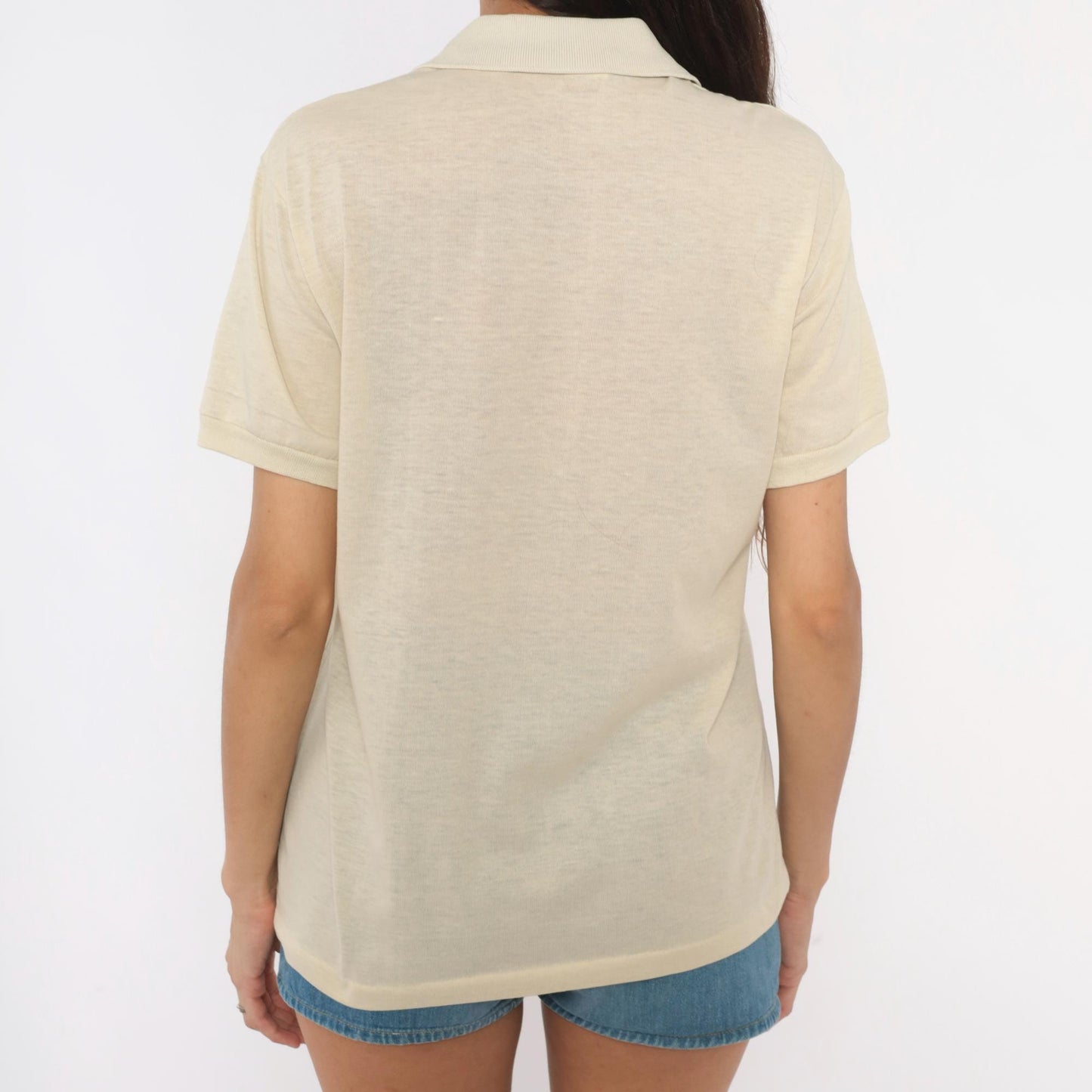 80s Hang Ten Polo Shirt Cream Teal Taupe Stripe Cotton Medium M