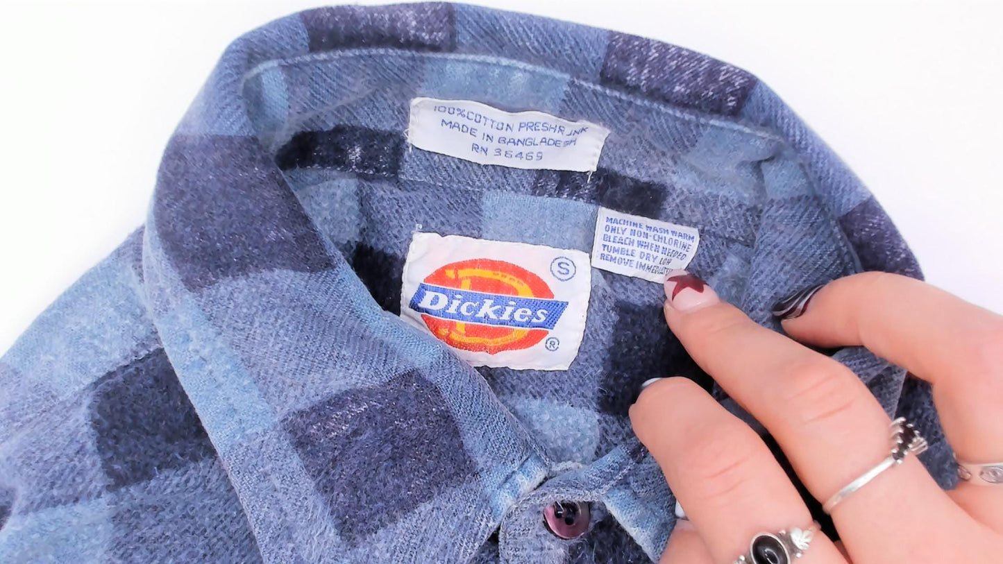 90s Dickies Buffalo Plaid Flannel Shirt Cropped Blue Navy Cotton Small