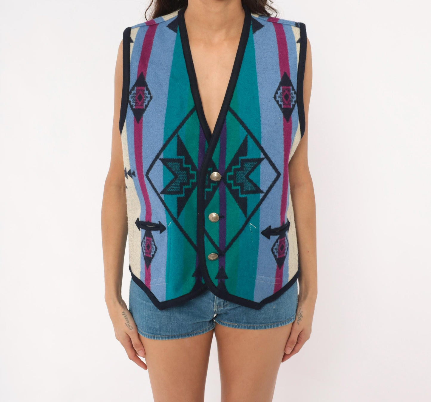 90s Southwestern Wool Vest Navy Geometric Aztec Concho Buttons Large L