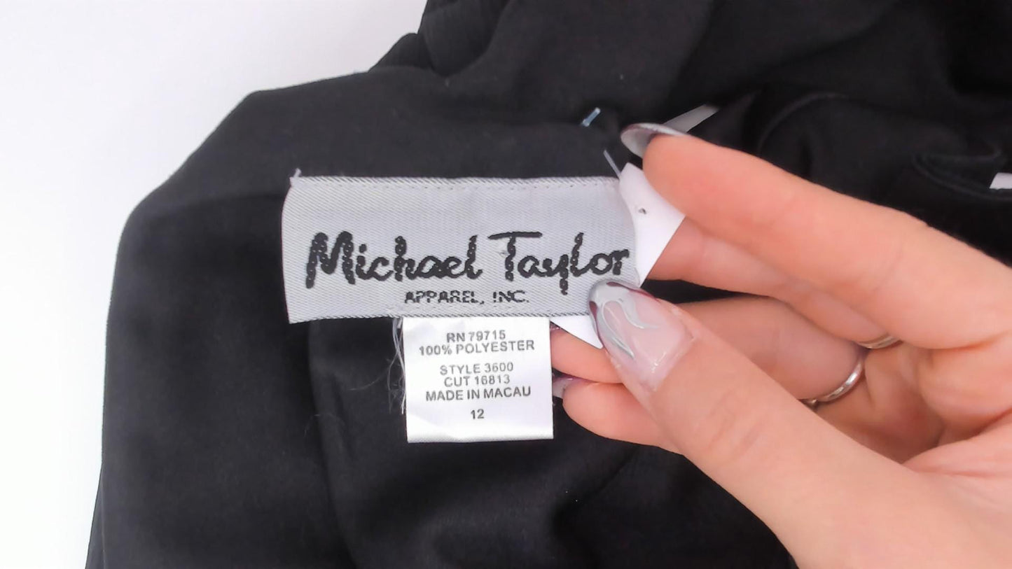 90s Michael Taylor Black Chiffon Wrap Dress Tie Shoulder V Neck Large L