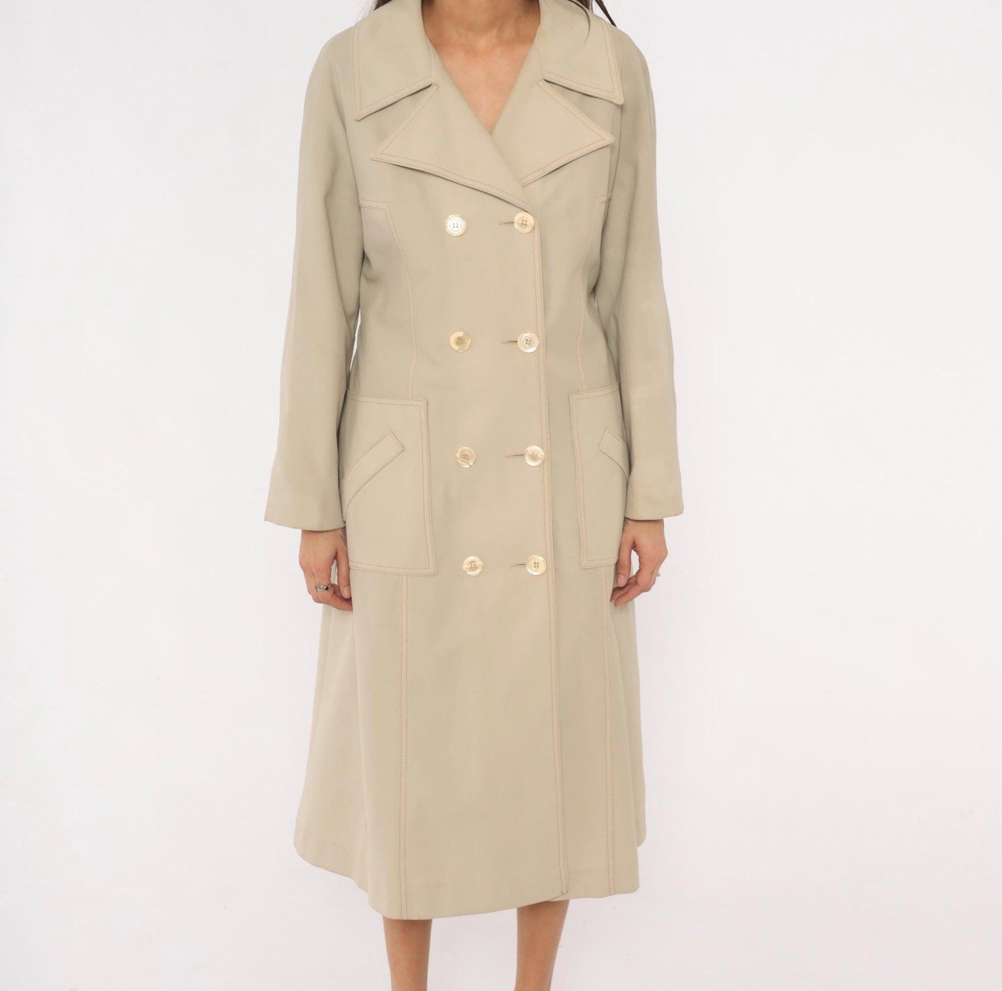 80s Double Breasted Trench Coat Beige Mid-Calf Belted Jacket Medium