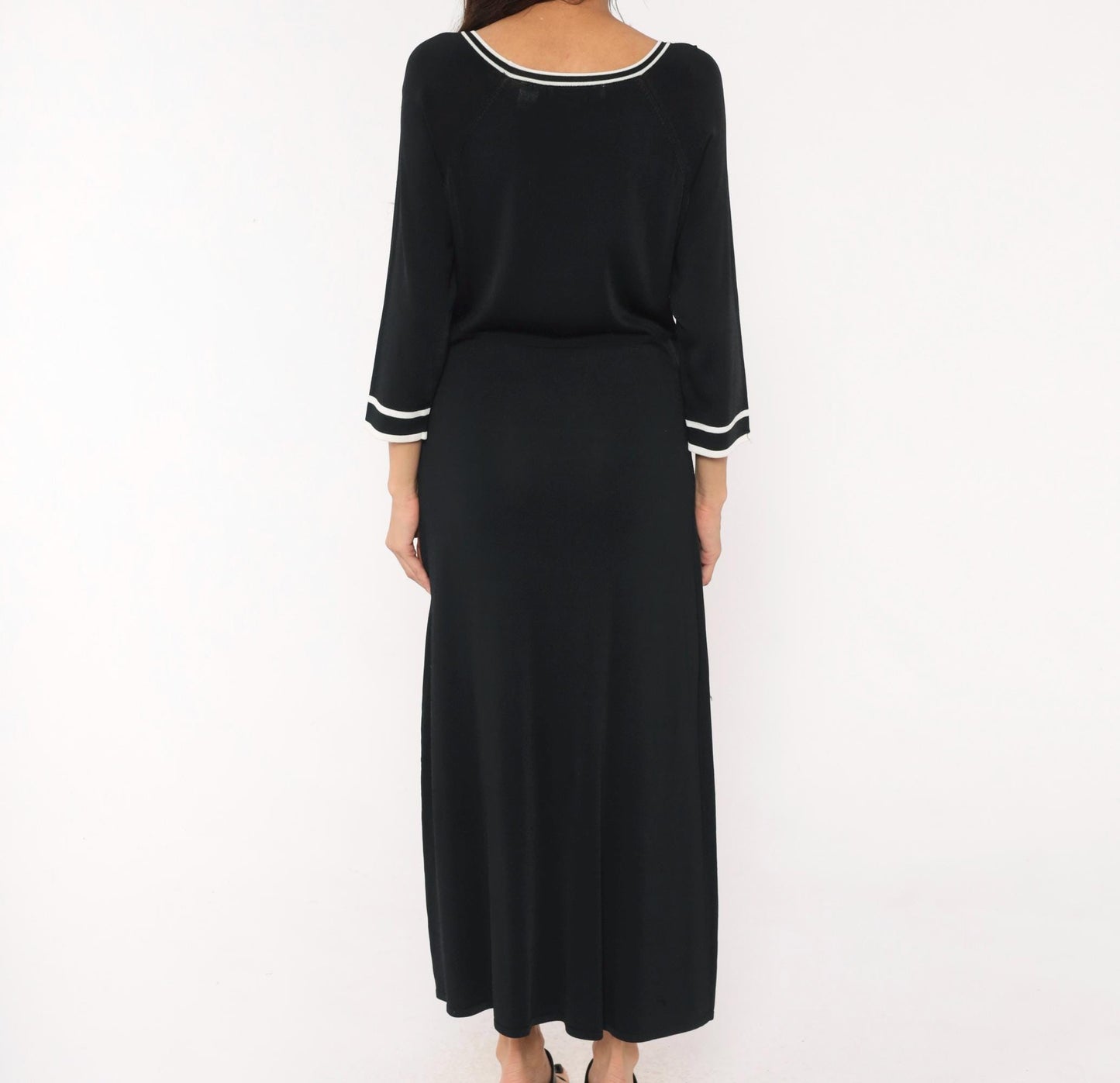 90s Norm Thompson Black Knit Maxi Dress Scoop Neck White Piping Small