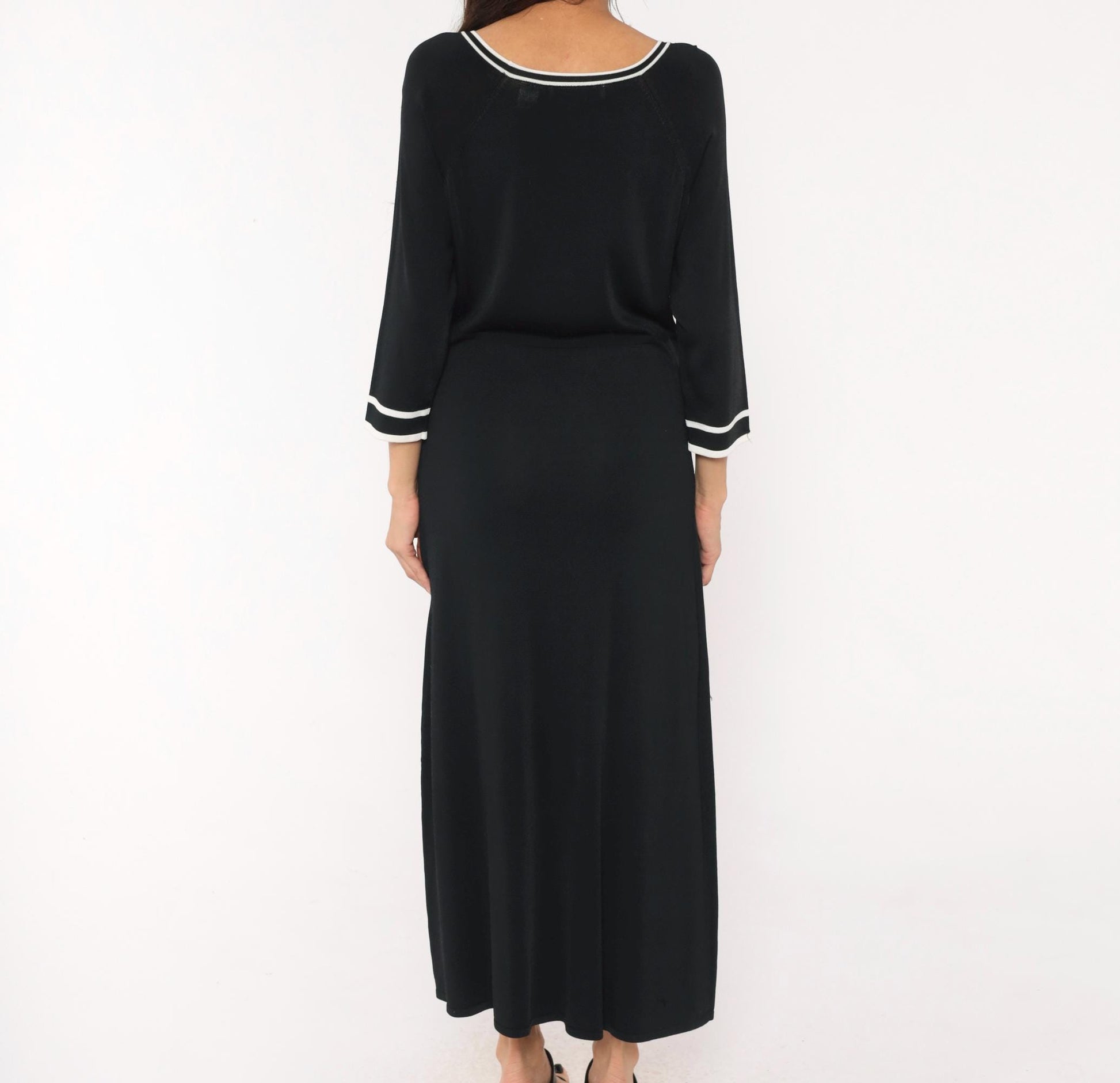 90s Norm Thompson Black Knit Maxi Dress Scoop Neck White Piping Small