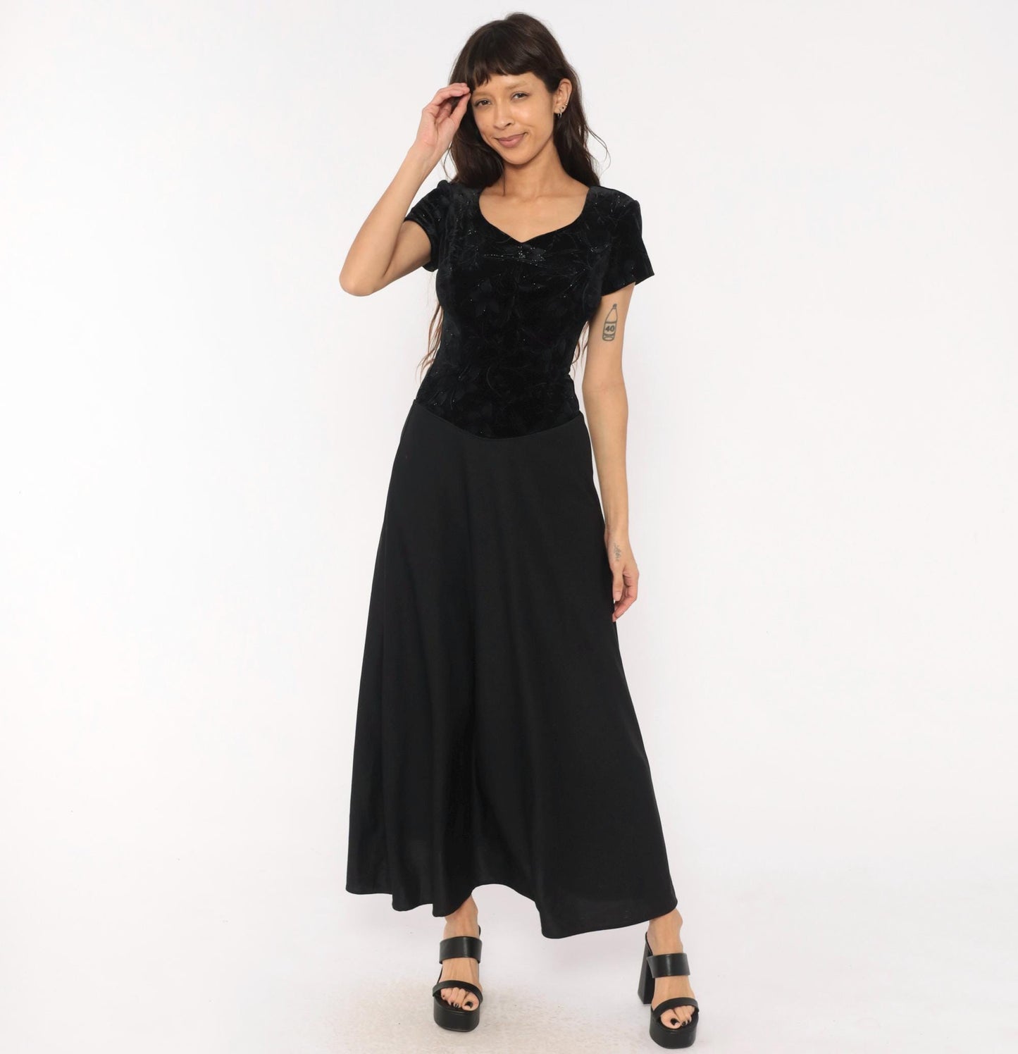 90s Southeastern Velvet Burnout Maxi Dress Black Floral V-Neck Extra Small