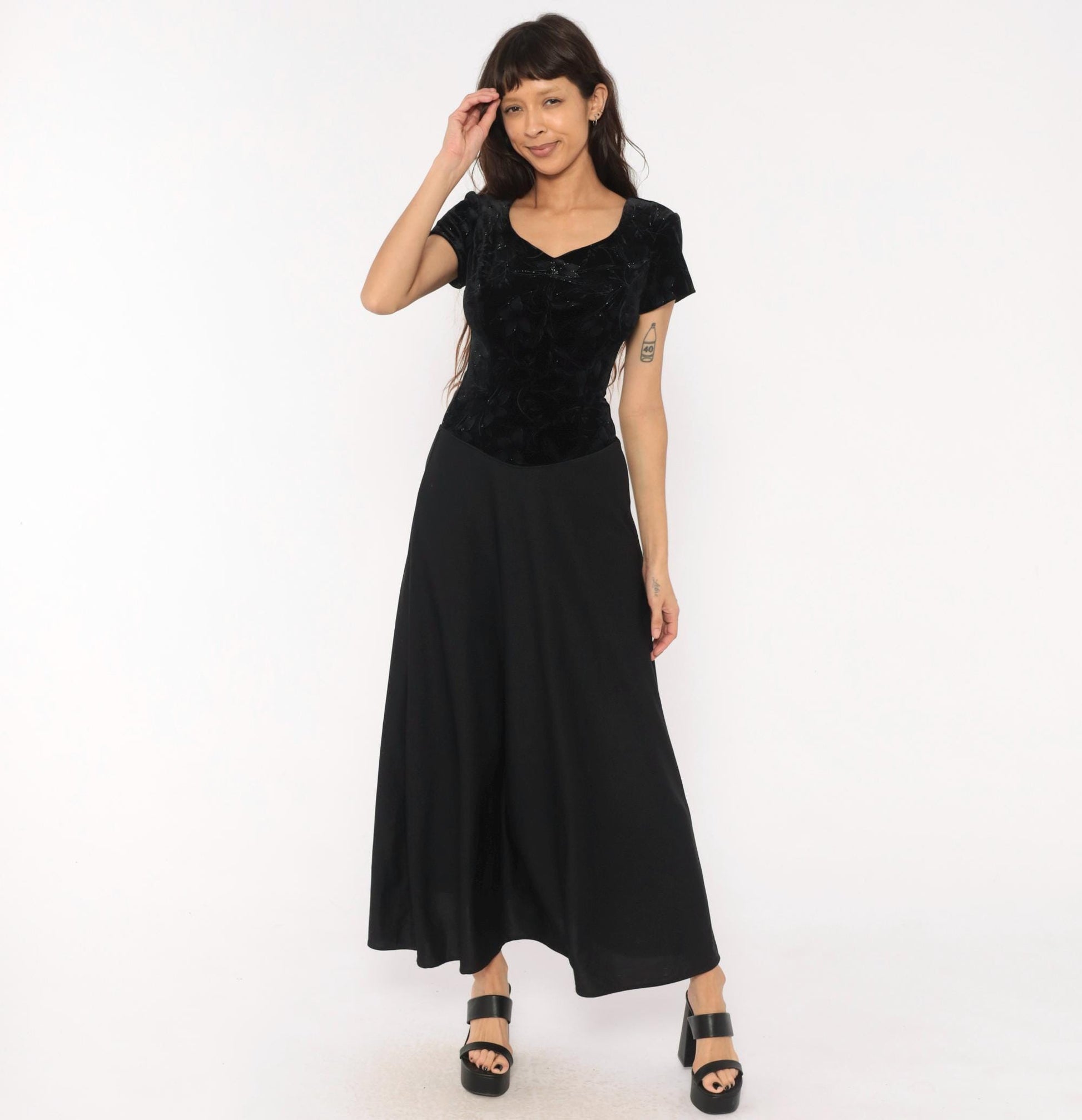 90s Southeastern Velvet Burnout Maxi Dress Black Floral V-Neck Extra Small