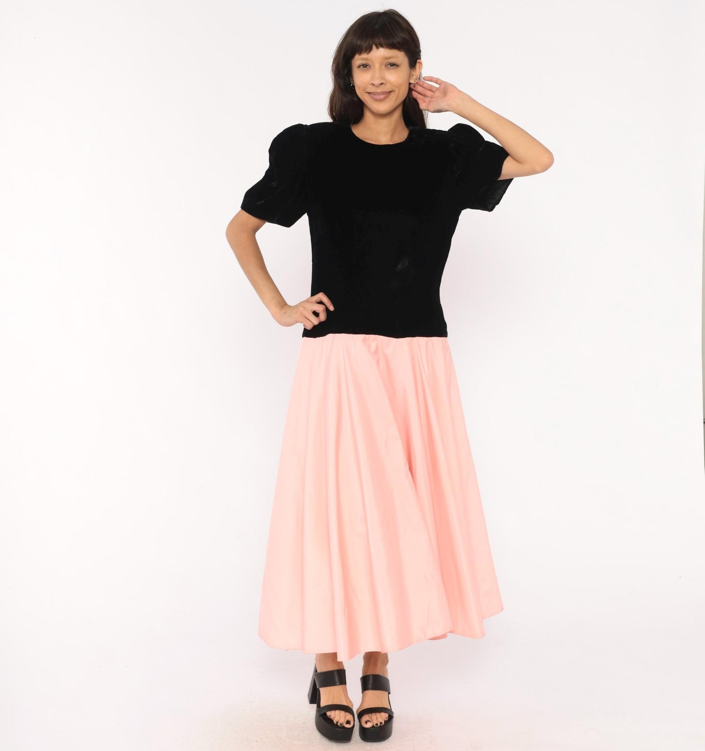 80s S.G. Gilbert Black Velvet Puff Sleeve Maxi Dress Pink Satin Bow Large