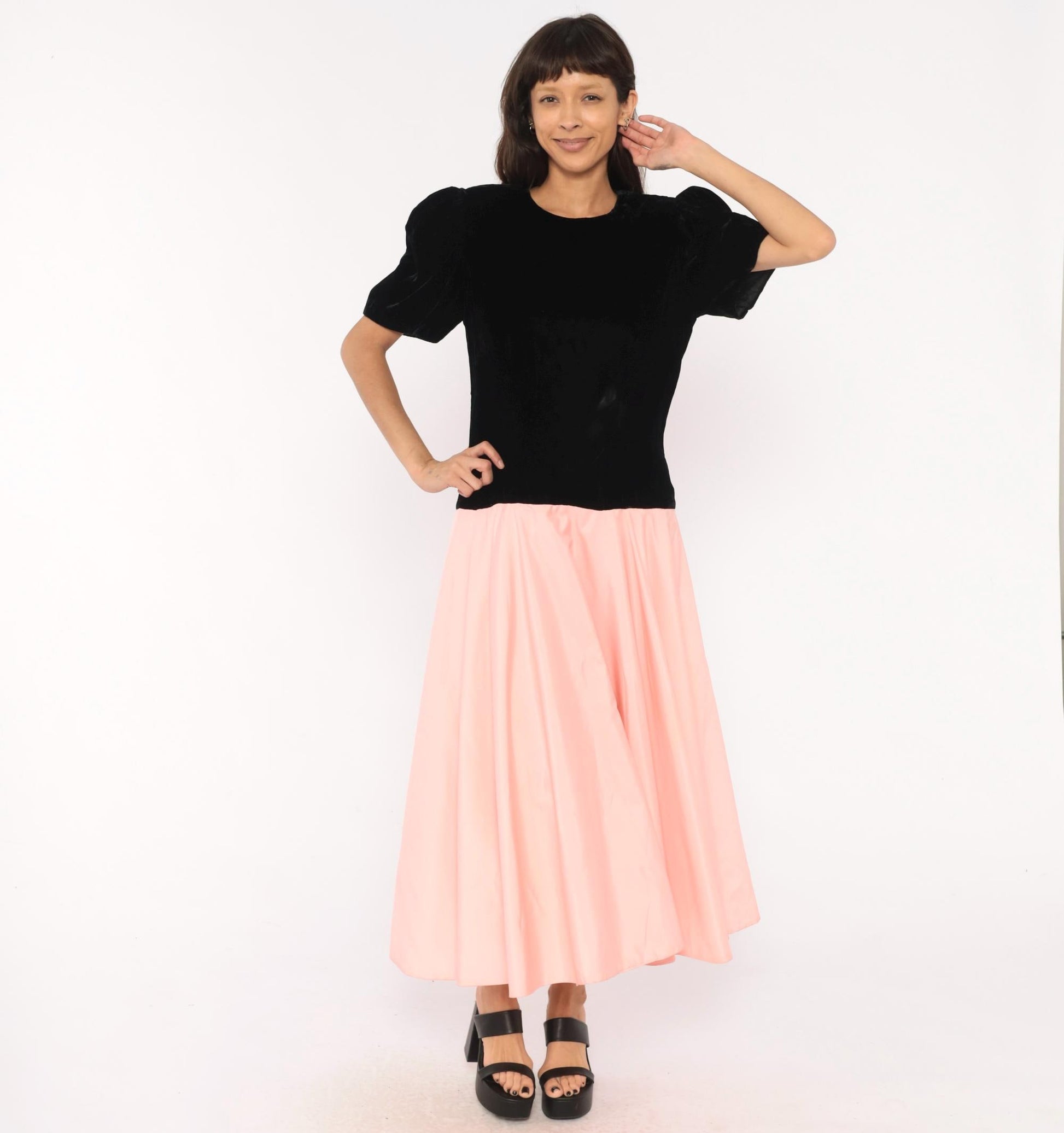 80s S.G. Gilbert Black Velvet Puff Sleeve Maxi Dress Pink Satin Bow Large