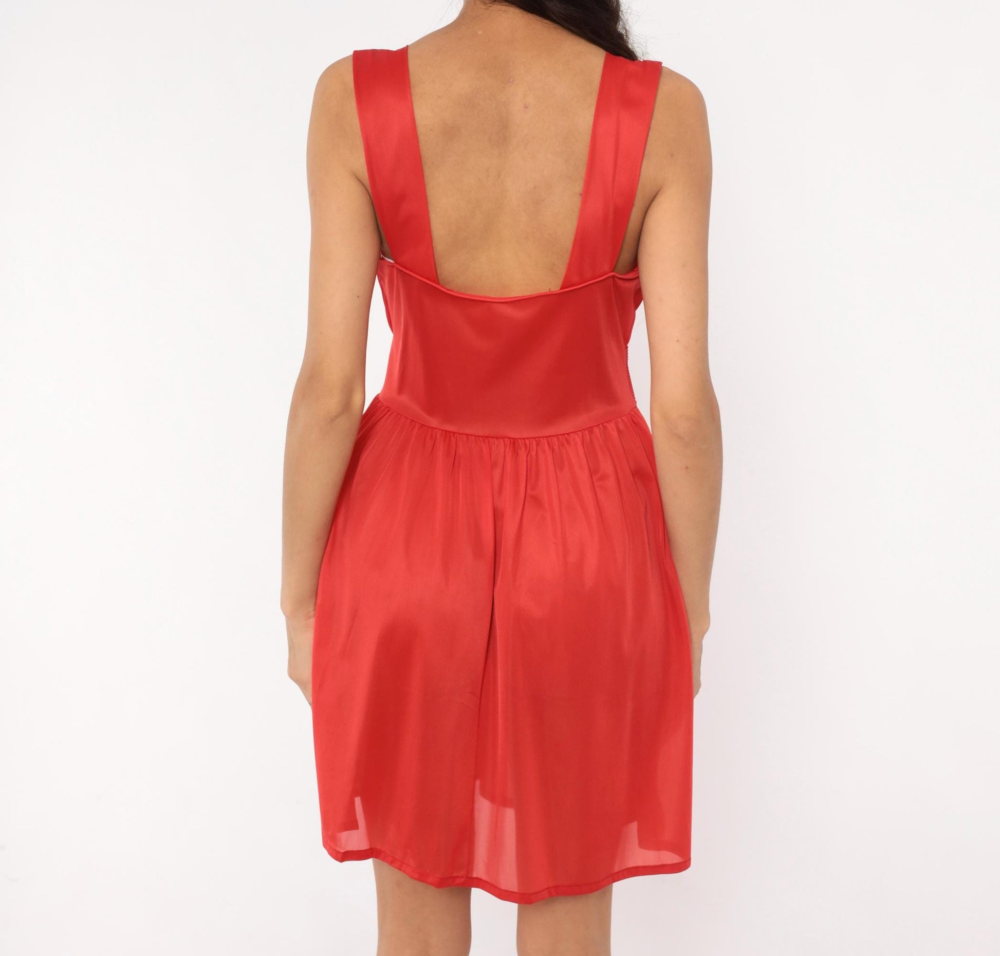 70s Red Babydoll Dress Satin Straps Embroidered Leaf Mini Nylon Medium M