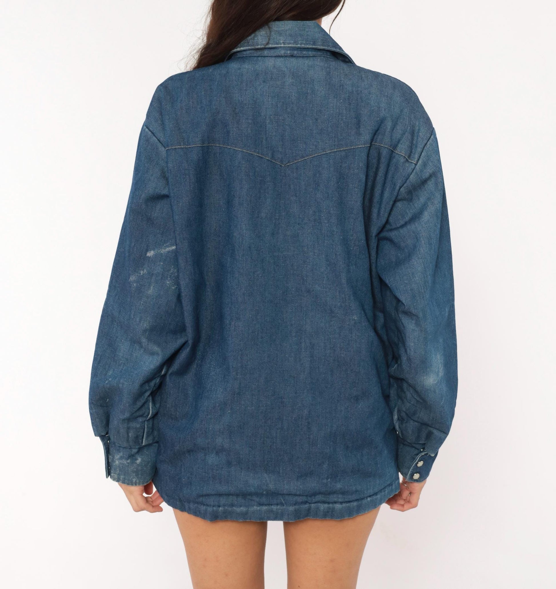 80s JC Penney Western Denim Shirt Cobalt Blue Pearl Snap Yoke Medium