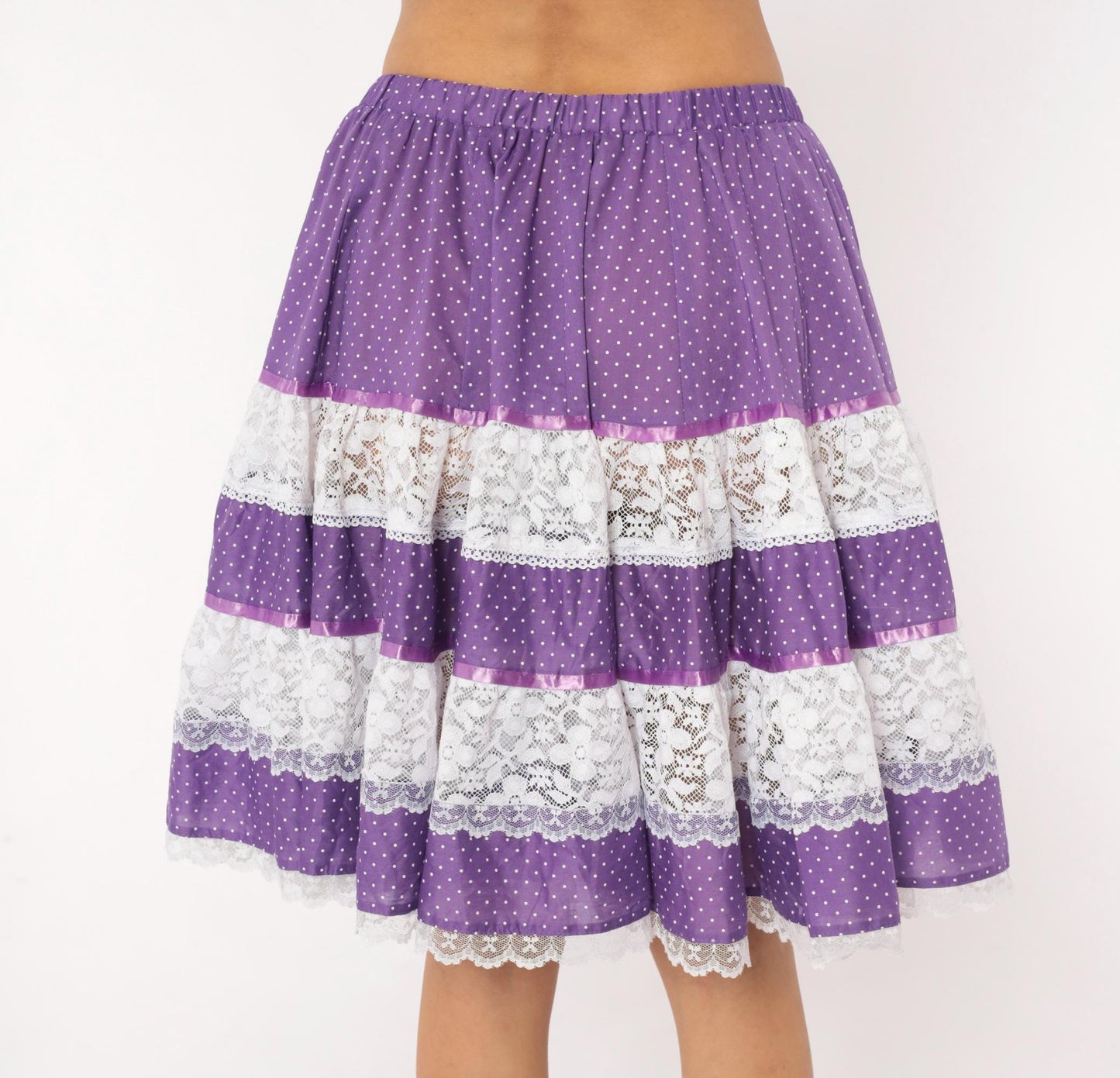 80s Purple Polka Dot Tiered Skirt Carefree Fashions Lace Trim Cotton Medium