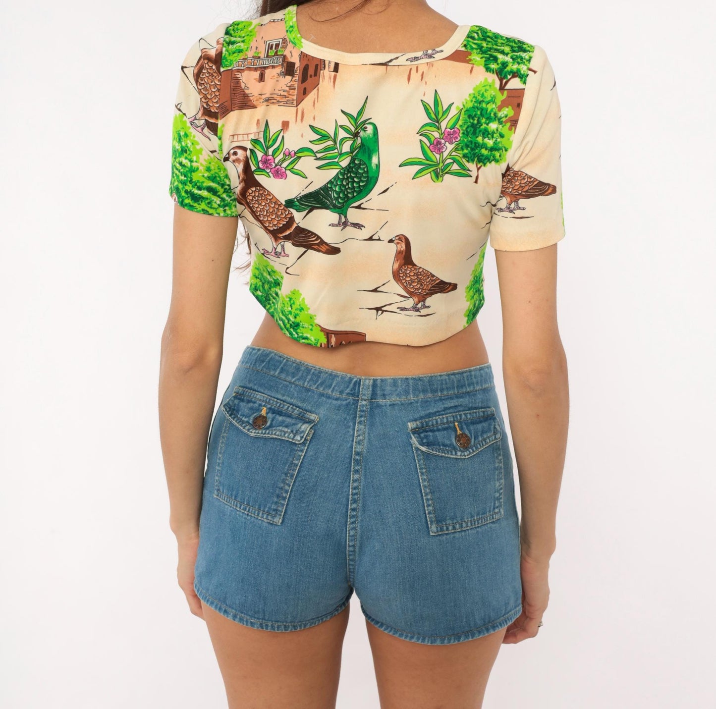 70s Pigeon Crop Top Novelty Bird Print Scoop Neck Fitted Small