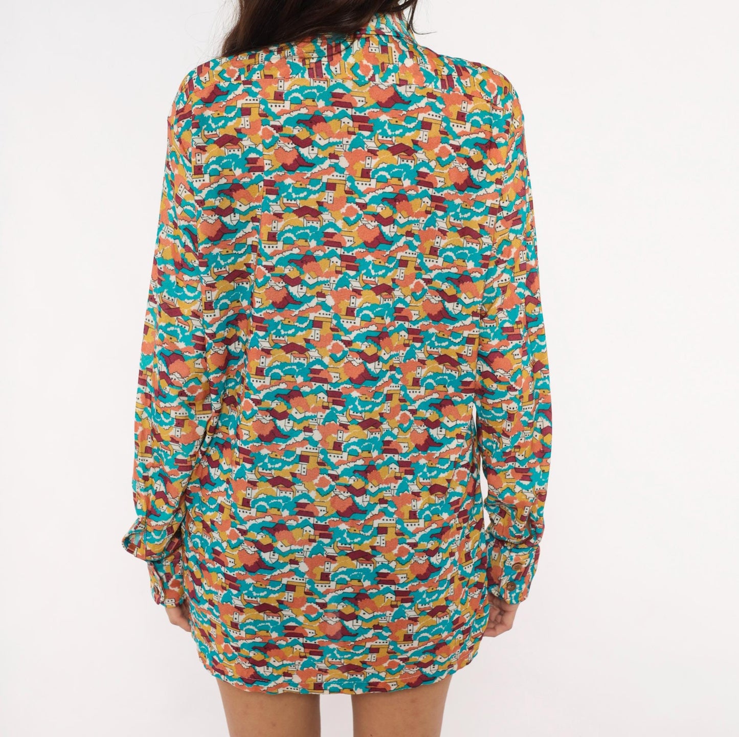 70s Towncraft Village Landscape Shirt Pointed Collar Scenic Print Medium