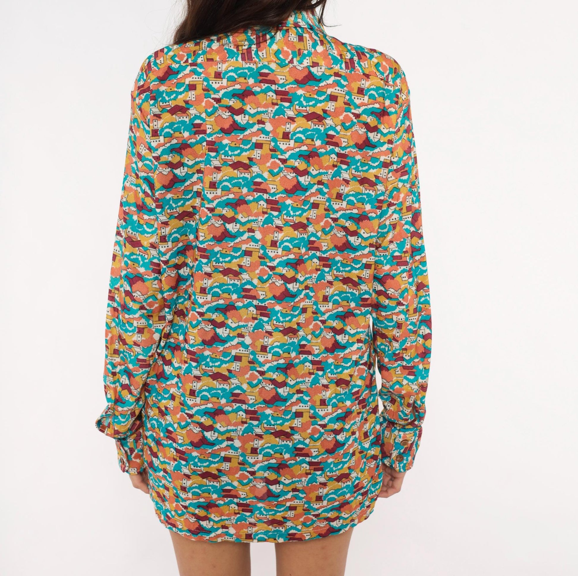 70s Towncraft Village Landscape Shirt Pointed Collar Scenic Print Medium