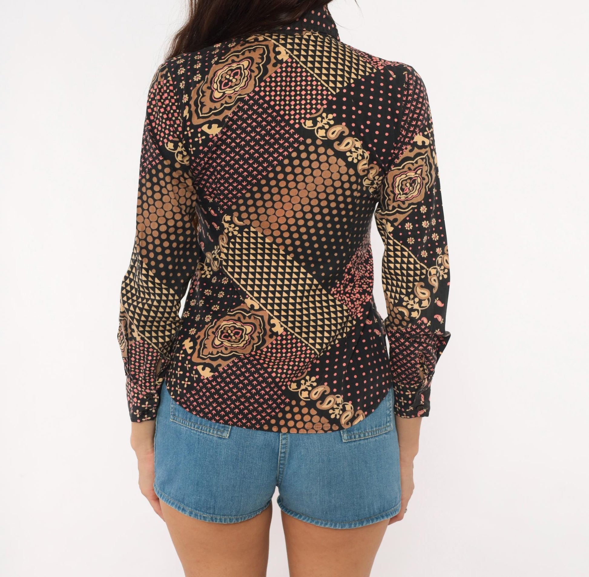 70s Gina Fashion Patchwork Button Blouse Black Pink Tan Paisley Cotton Extra Small