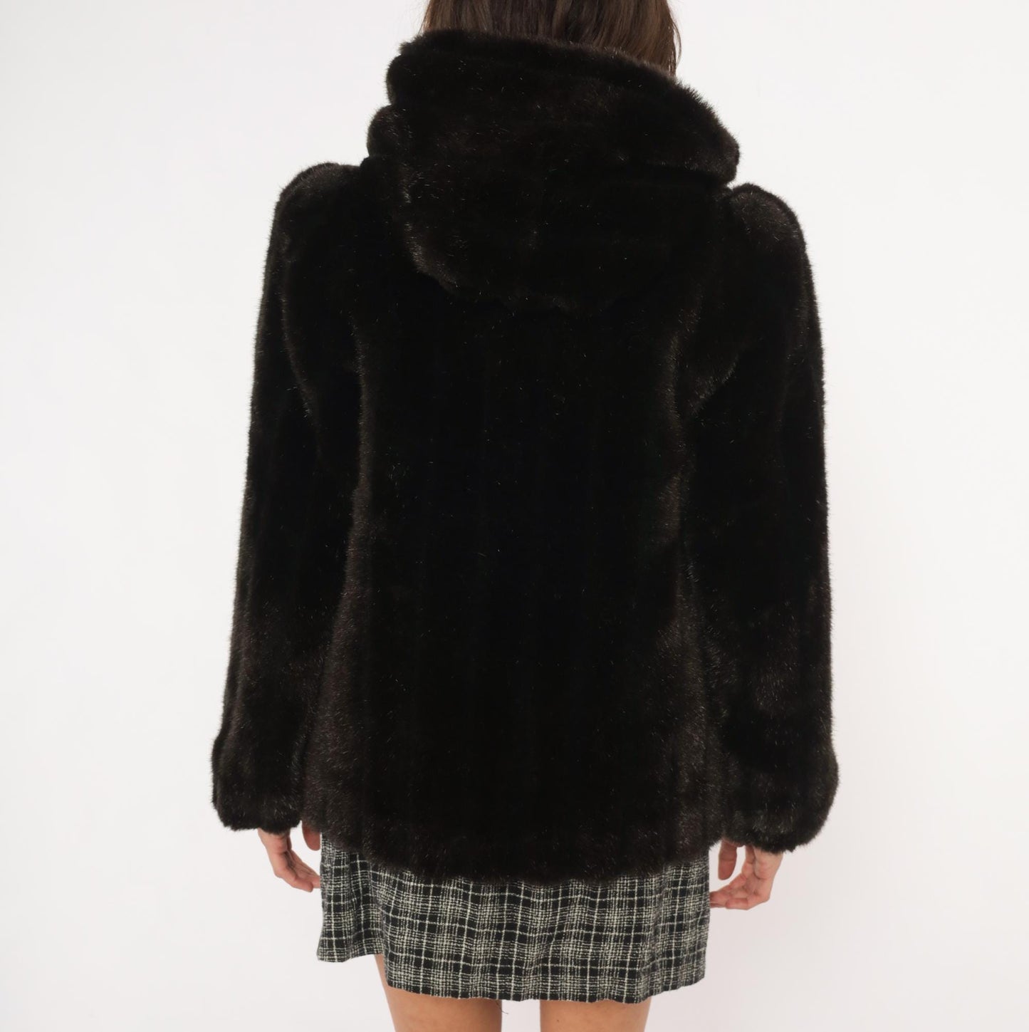 80s Outerlayers Faux Fur Hooded Jacket Dark Brown Zip Coat Medium