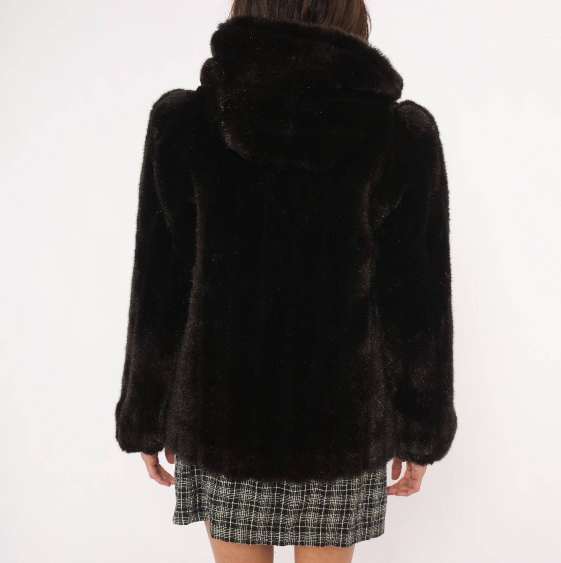 80s Outerlayers Faux Fur Hooded Jacket Dark Brown Zip Coat Medium
