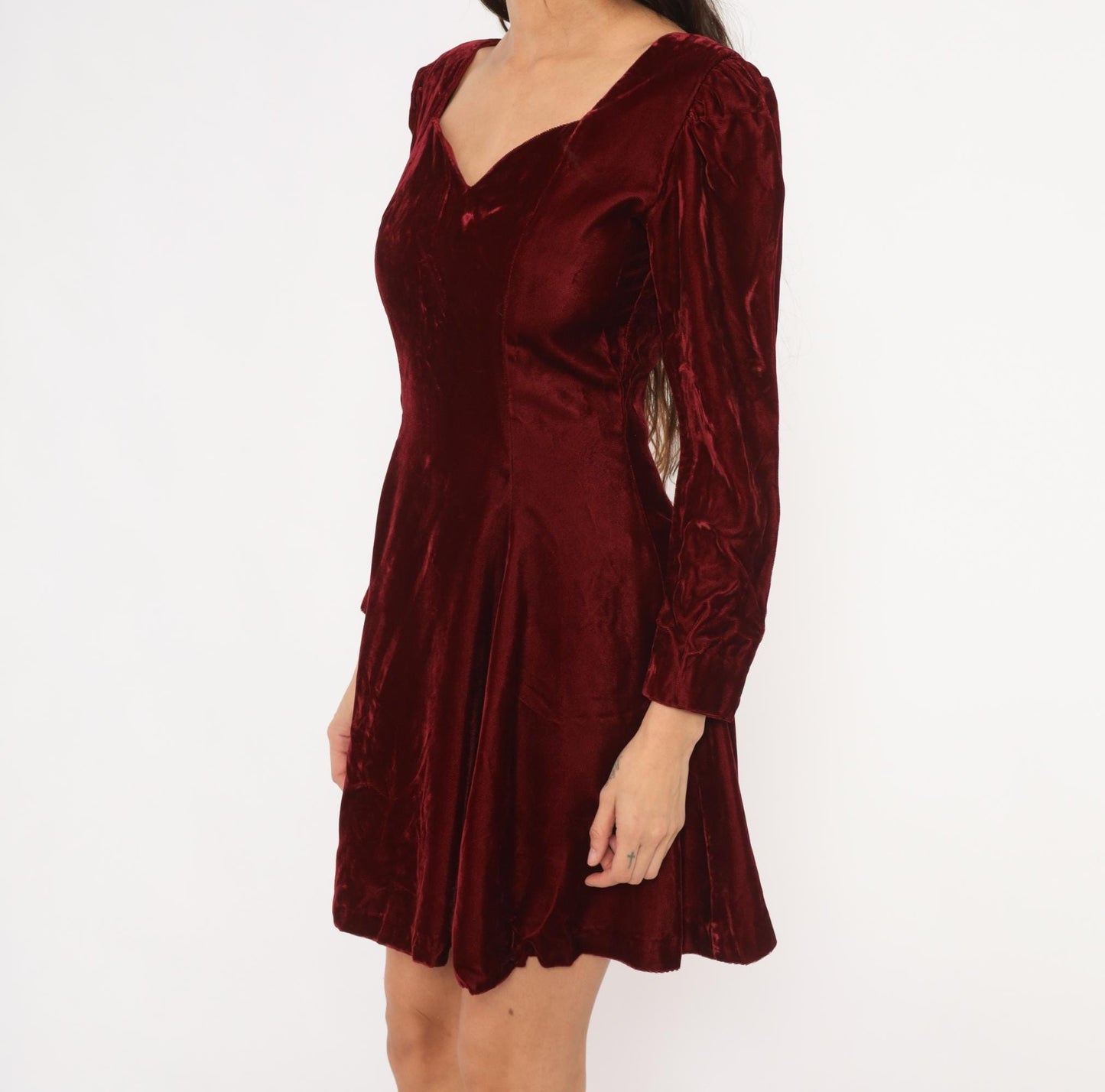 90s Perspective Burgundy Velvet Mini Dress Sweetheart Neckline Puff Sleeve Small S